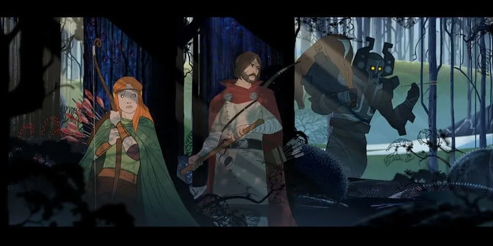 Các nhân vật chính đang ẩn náu trong môi trường khắc nghiệt của The Banner Saga.