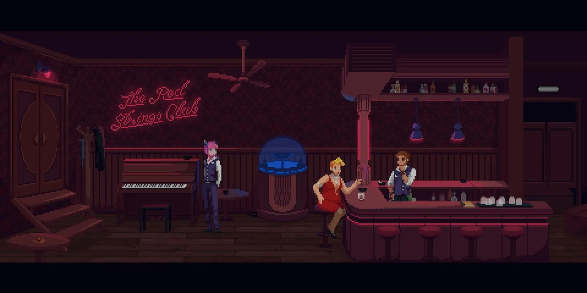 Các nhân vật chính Donovan, Brandeis và Kara trong quán bar The Red Strings Club