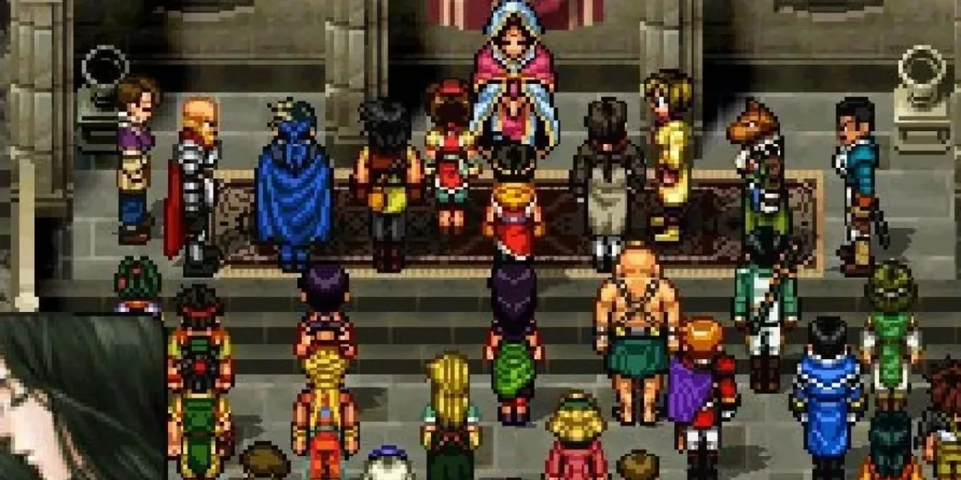 Các nhân vật trong Suikoden 2 tụ tập quanh Lehknaat trong Hội trường Lắp ráp
