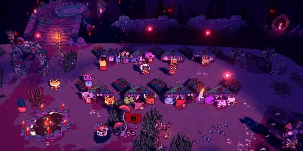 Các tín đồ của giáo phái ngủ trong ngôi đền ở game quản lý cult Cult of the Lamb
