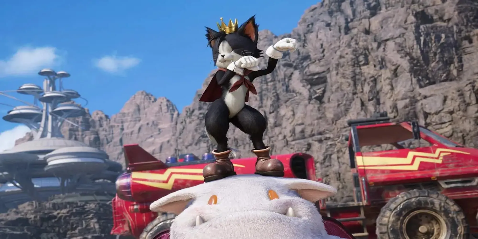 Cait Sith đứng trên con Moogle của mình