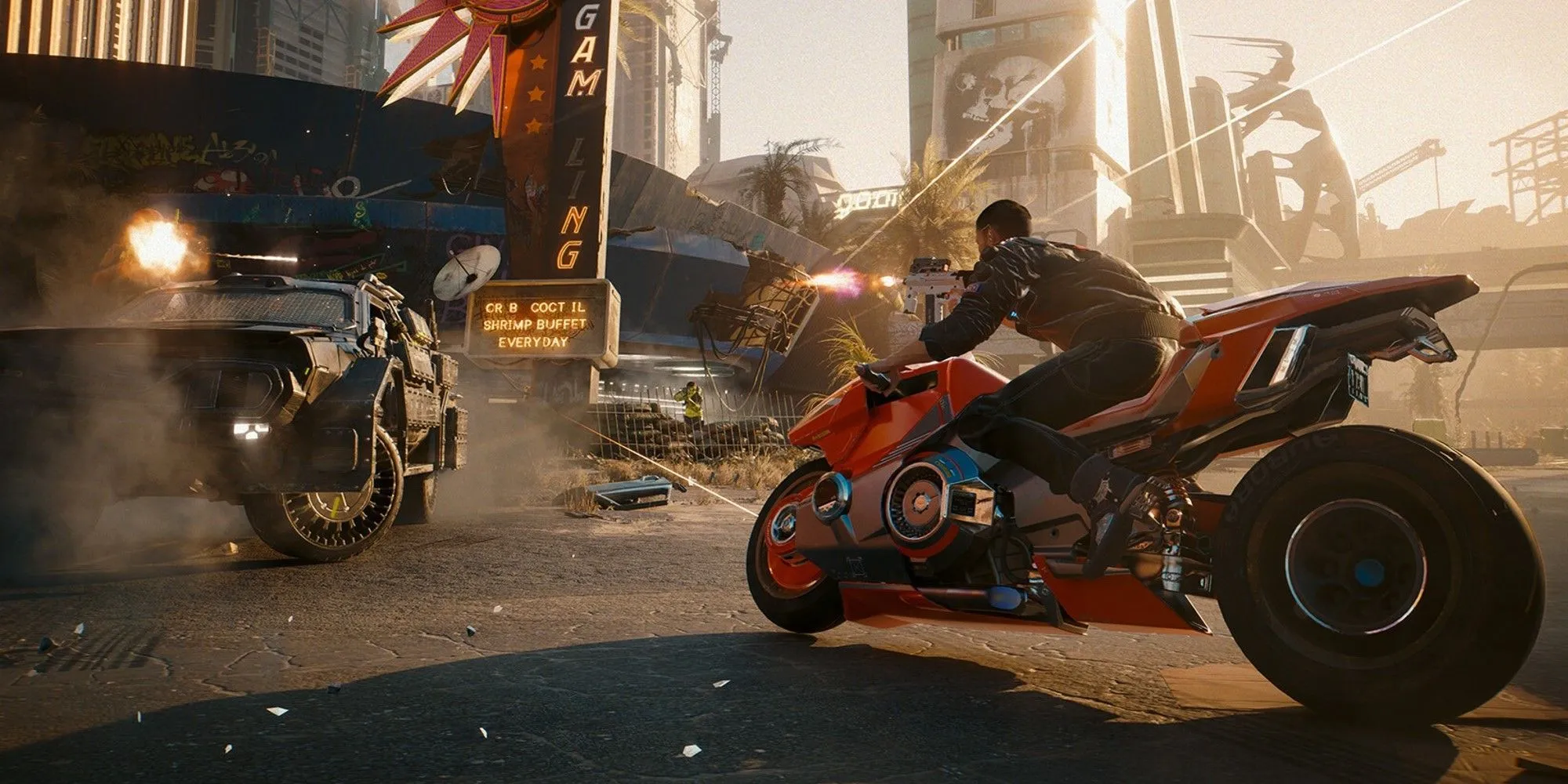 Cảnh chiến đấu đầy hành động trên xe máy tại Night City trong Cyberpunk 2077