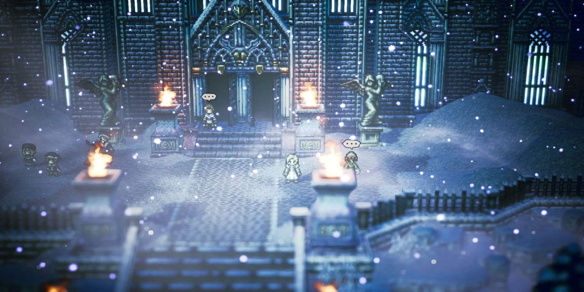 Cảnh chiến đấu theo lượt trong game Octopath Traveler, nhân vật Ophilia đang thi triển kỹ năng
