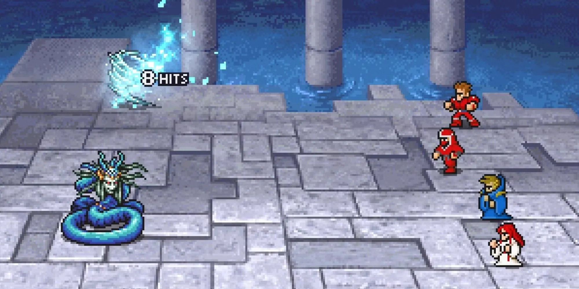 Cảnh chiến đấu trong Final Fantasy Pixel Remaster, phiên bản làm lại của Final Fantasy I