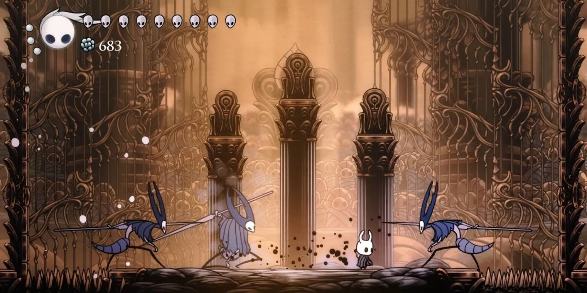 Cảnh chiến đấu với ba chị em Sisters of Battle trong Hollow Knight