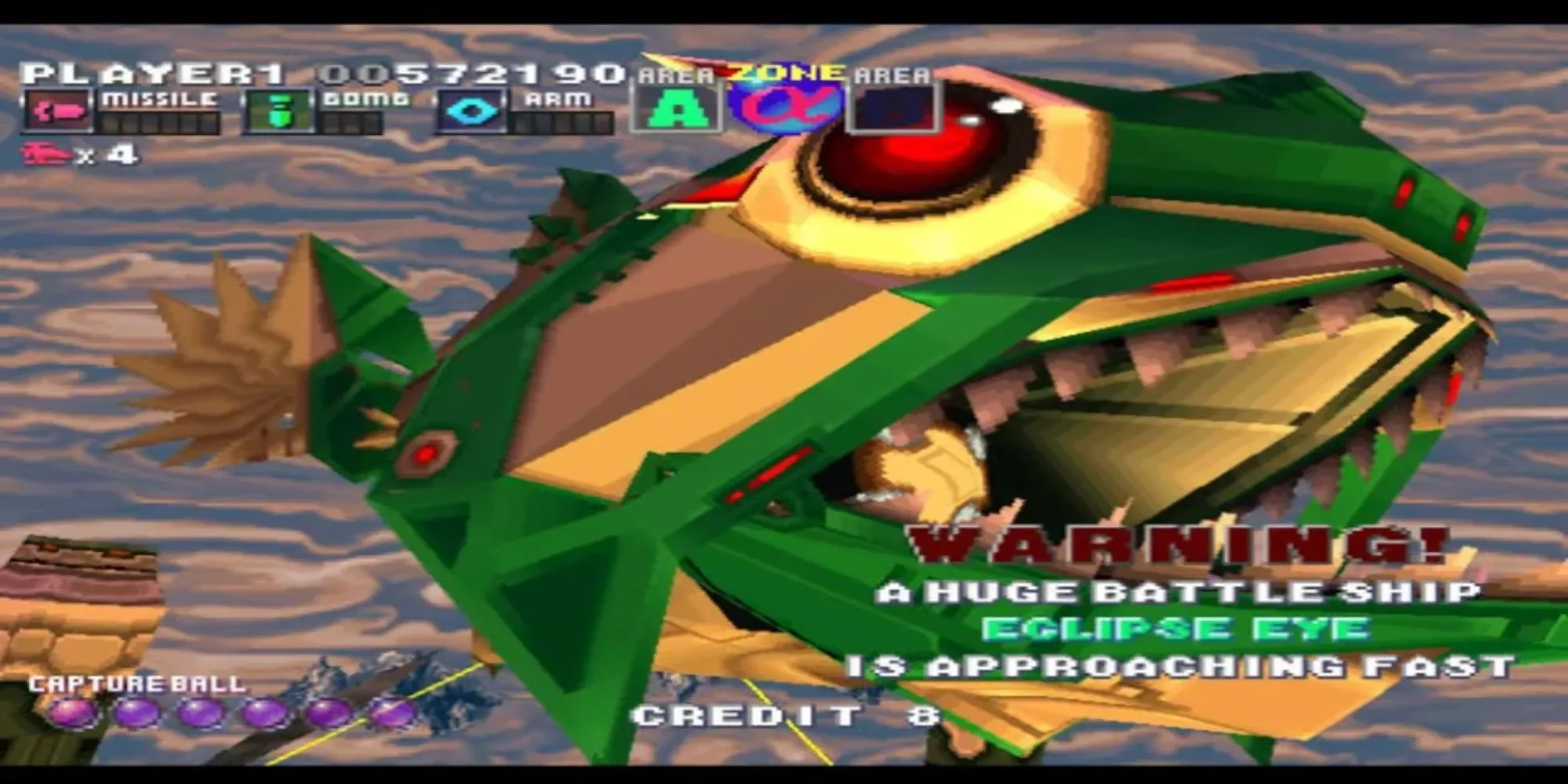 Cảnh chiến đấu với boss cá khổng lồ trong game bắn súng không gian G-Darius trên PS1