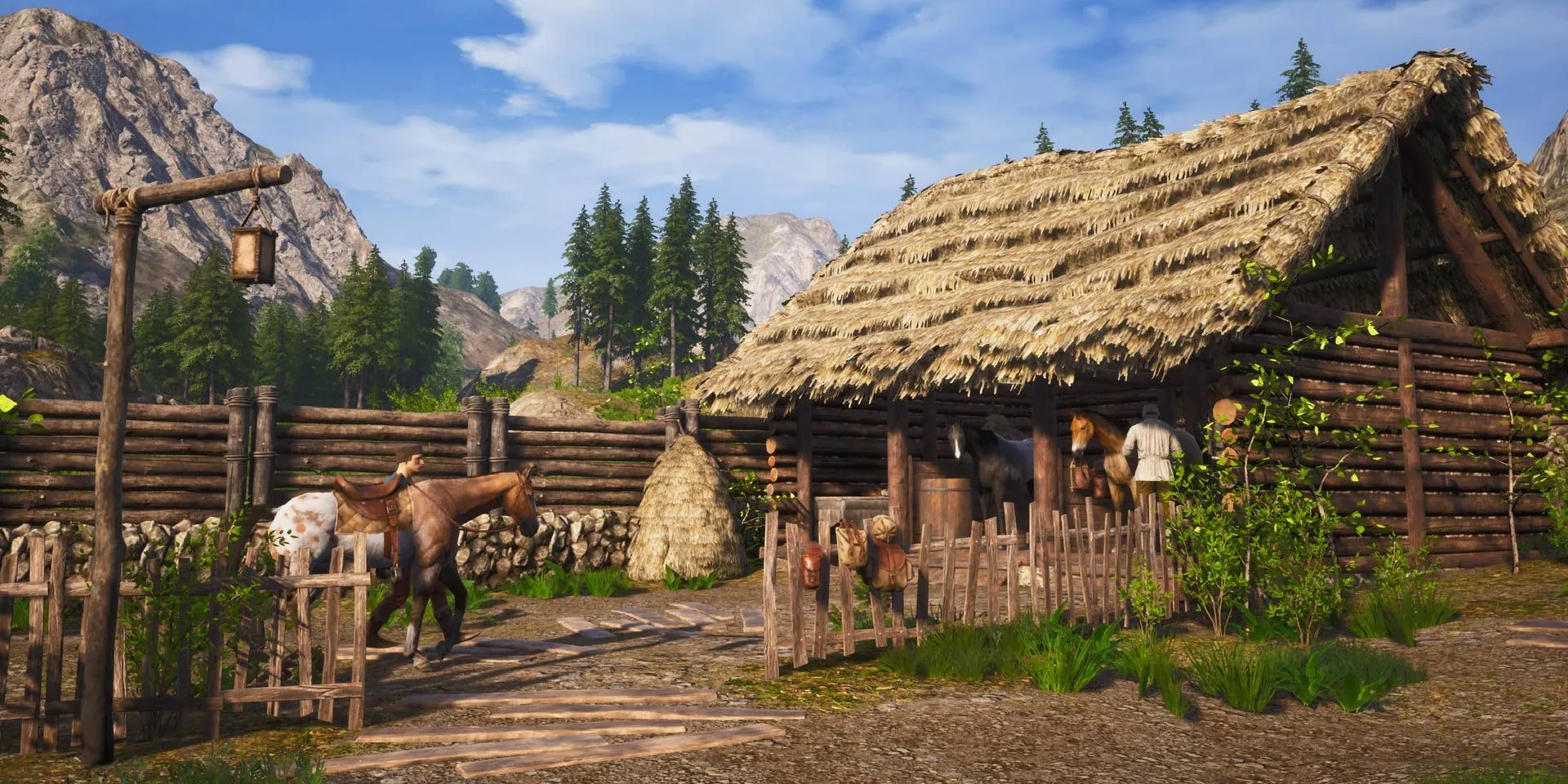Cảnh chuồng ngựa yên bình trong game mô phỏng sinh tồn Medieval Dynasty