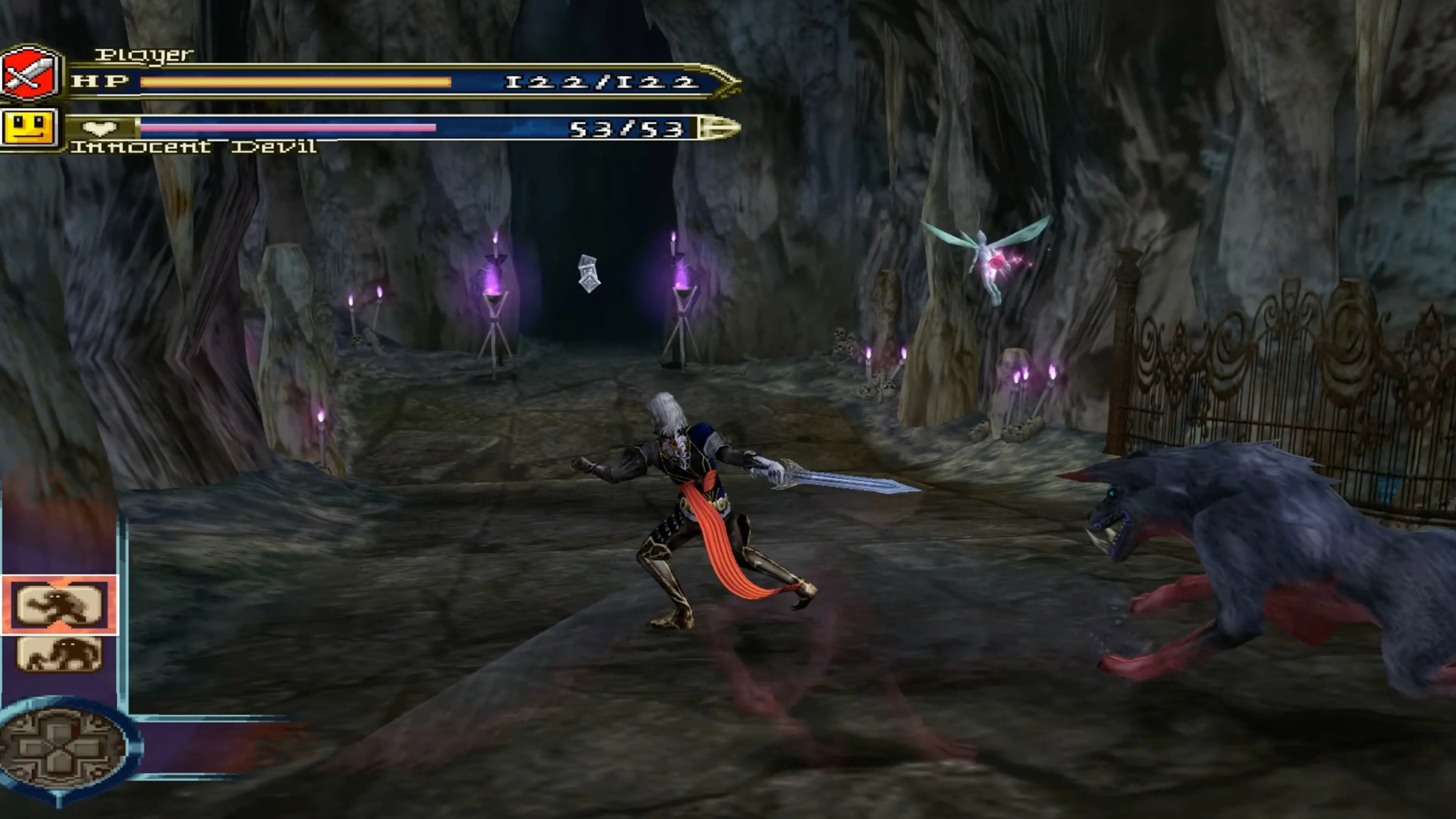 Cảnh chụp trong game Castlevania: Curse of Darkness, thể hiện nhân vật chính với Familiar