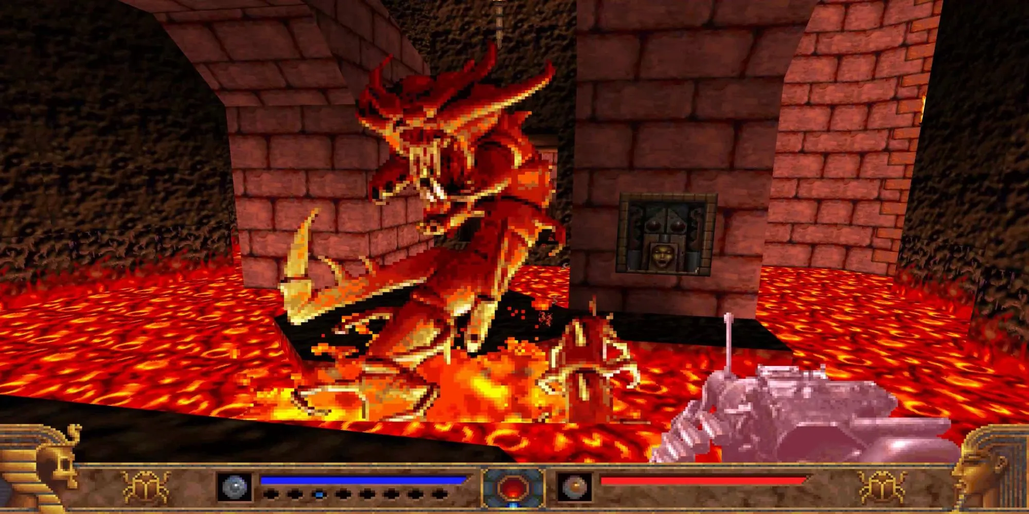 Cảnh gameplay của Powerslave Exhumed từ Steam, thể hiện góc nhìn thứ nhất và môi trường game