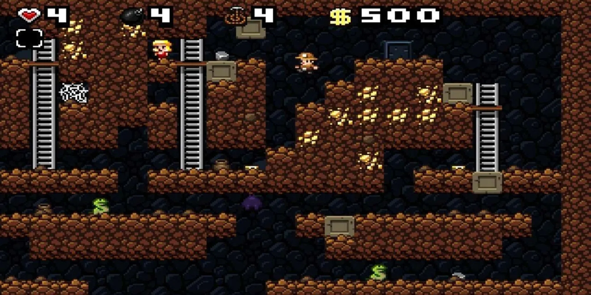 Cảnh gameplay khám phá hầm ngục đầy cạm bẫy trong game roguelike platformer Spelunky, một minh chứng cho GameMaker của Derek Yu