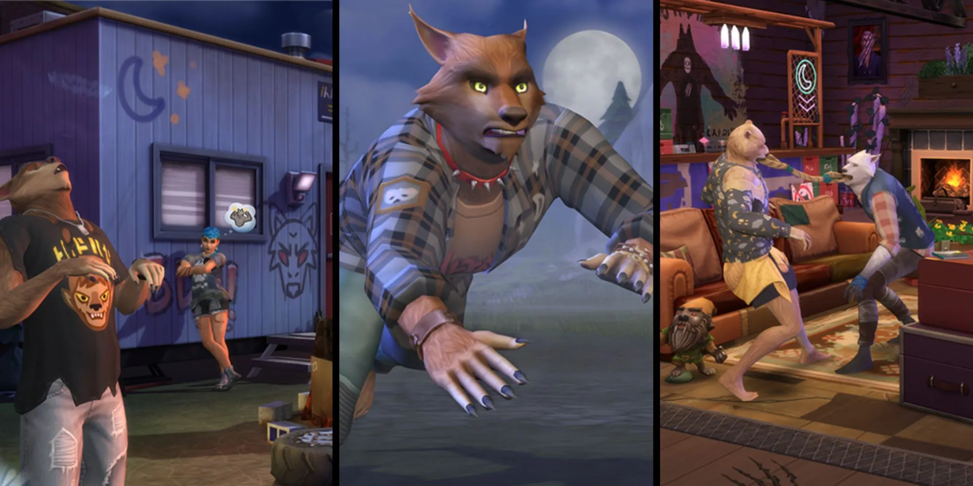Cảnh hai Sim người sói đang đối mặt trong khu vực Moonwood Mill, minh họa cho gói Werewolves của The Sims 4