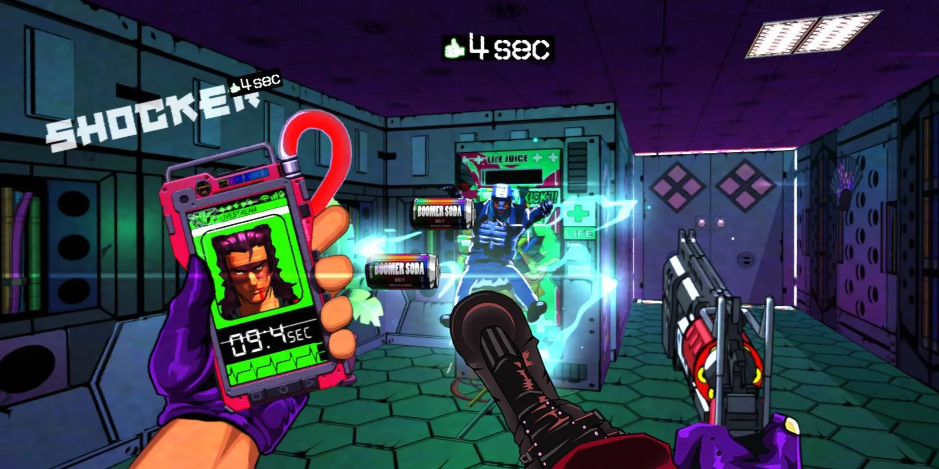 Cảnh hành động tốc độ cao trong game FPS roguelike Mullet MadJack