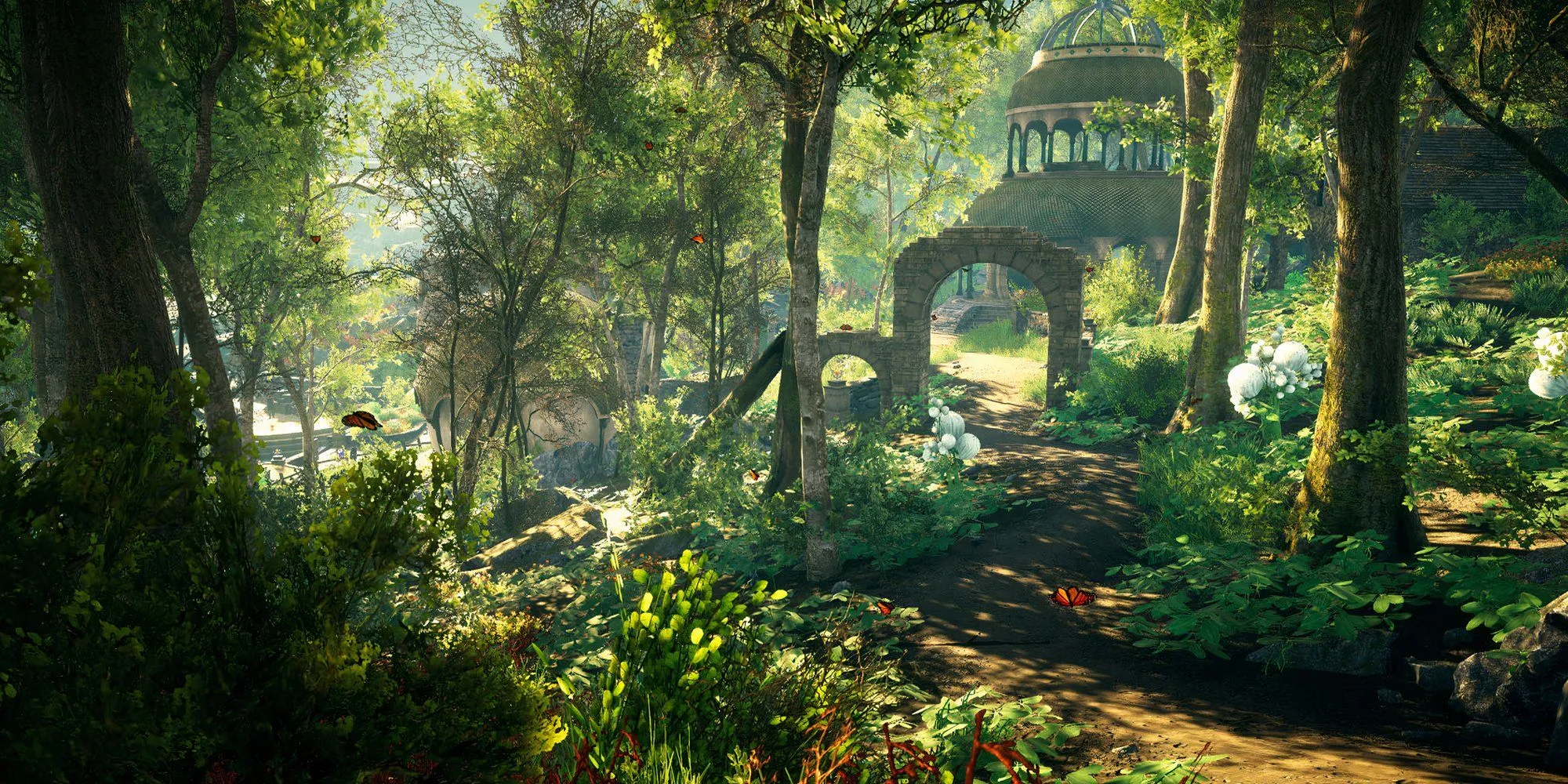 Cảnh khu rừng tươi tốt trong game thế giới mở Eastshade với đồ họa phong cách như tranh vẽ.