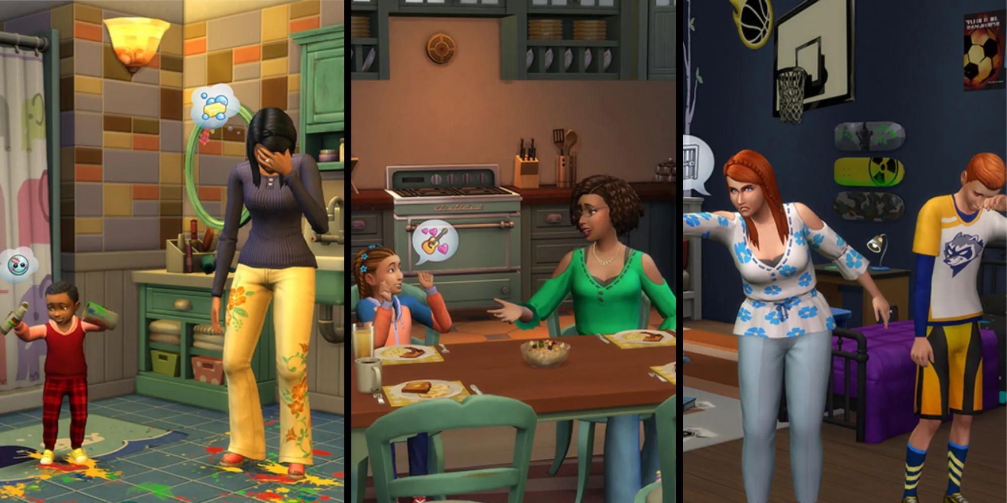 Cảnh một gia đình Sim đang tương tác, minh họa cho gameplay tập trung vào gia đình của gói Parenthood trong The Sims 4