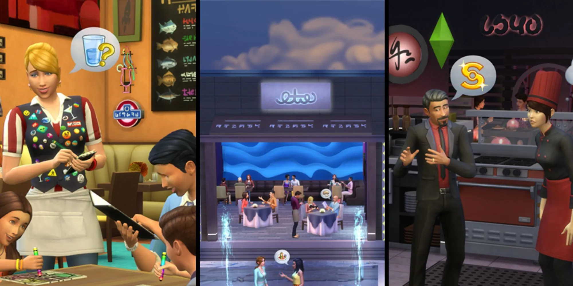 Cảnh một nhà hàng hiện đại trong The Sims 4, với các Sim đang ngồi ăn, minh họa cho gói Dine Out