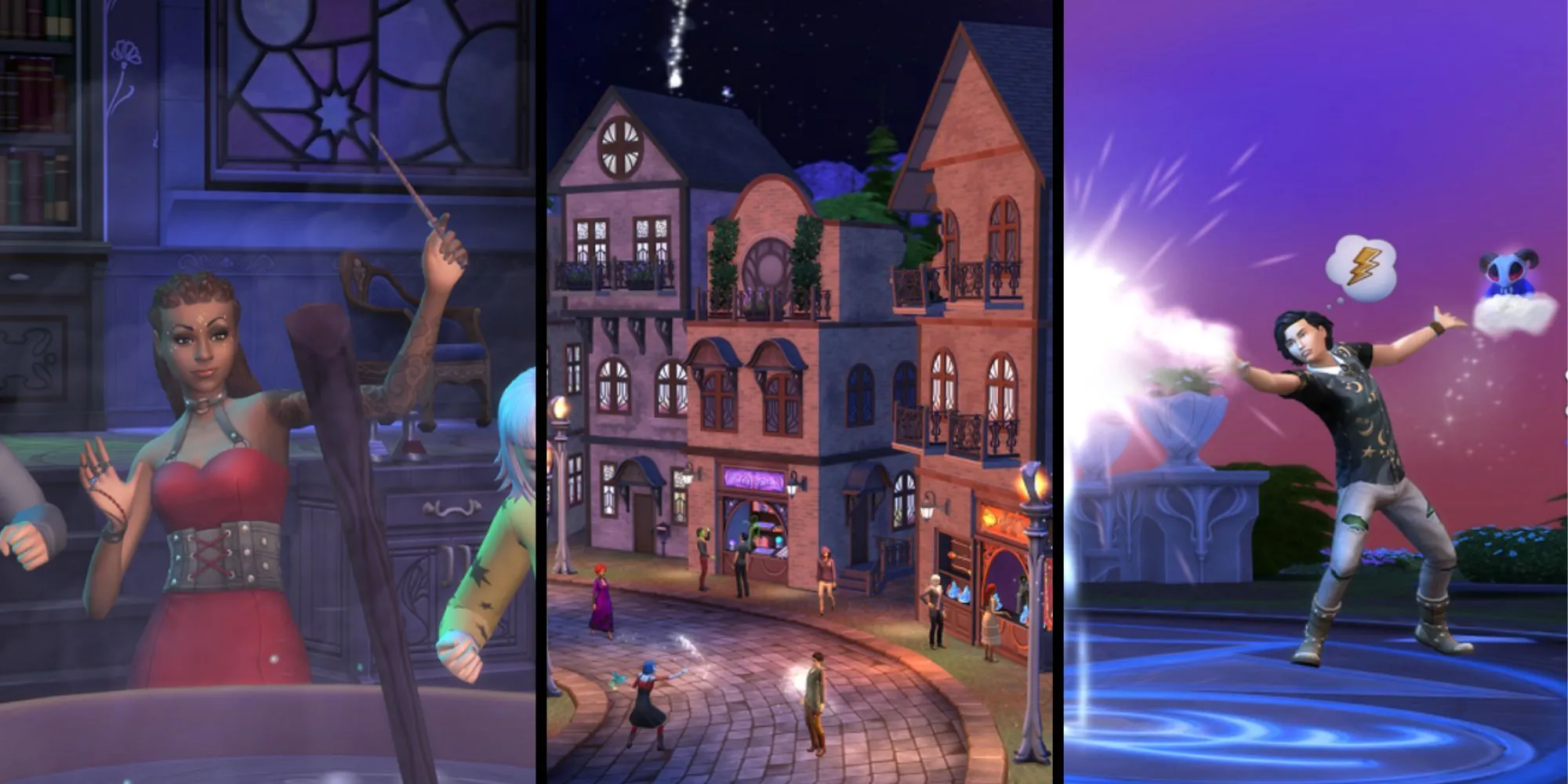 Cảnh một Sim đang niệm phép thuật tại khu vực Glimmerbrook trong gói Realm of Magic của The Sims 4