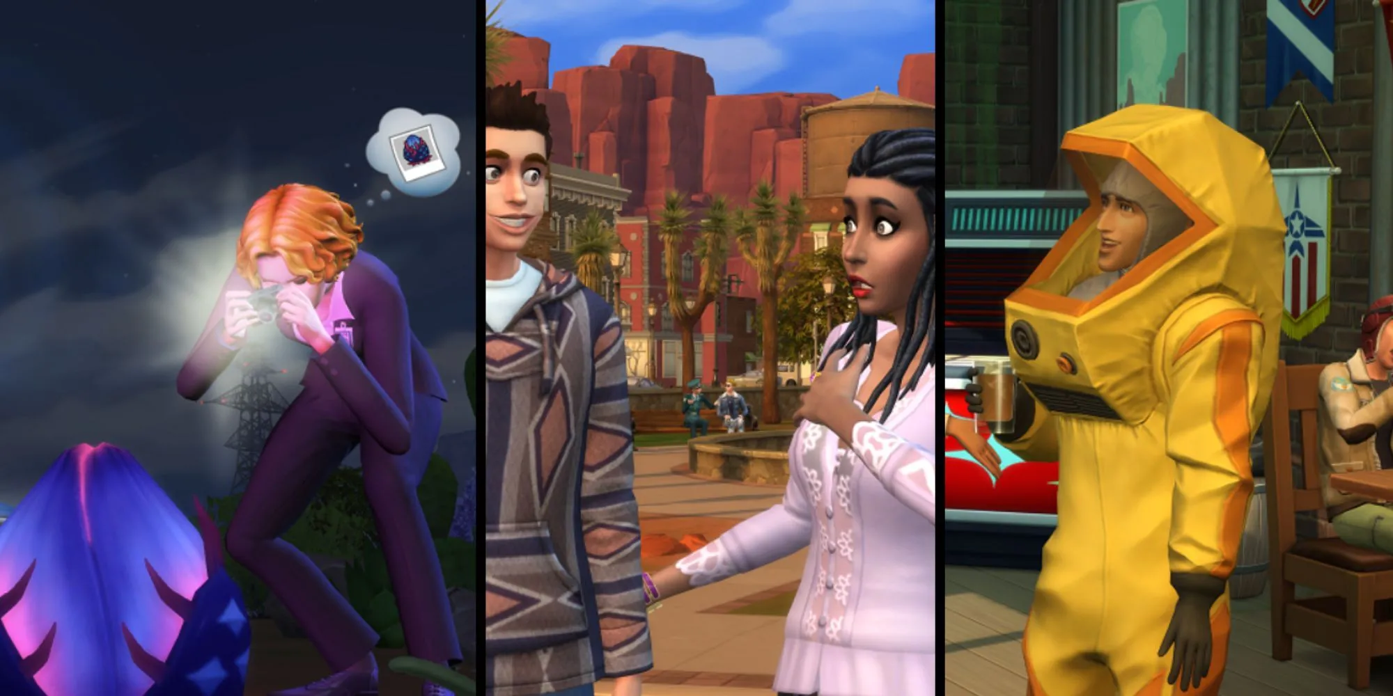 Cảnh một Sim mặc trang phục đặc trưng của gói StrangerVille, đứng trước bối cảnh thị trấn bí ẩn, trong The Sims 4