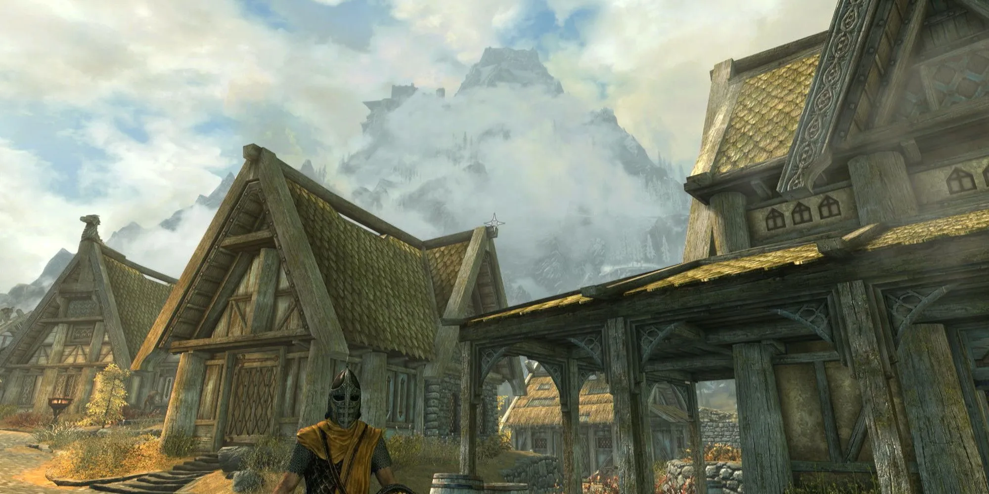 Cảnh quan rộng lớn của Skyrim từ đỉnh Throat of the World, cho thấy sự khác biệt độ cao ấn tượng của bản đồ.
