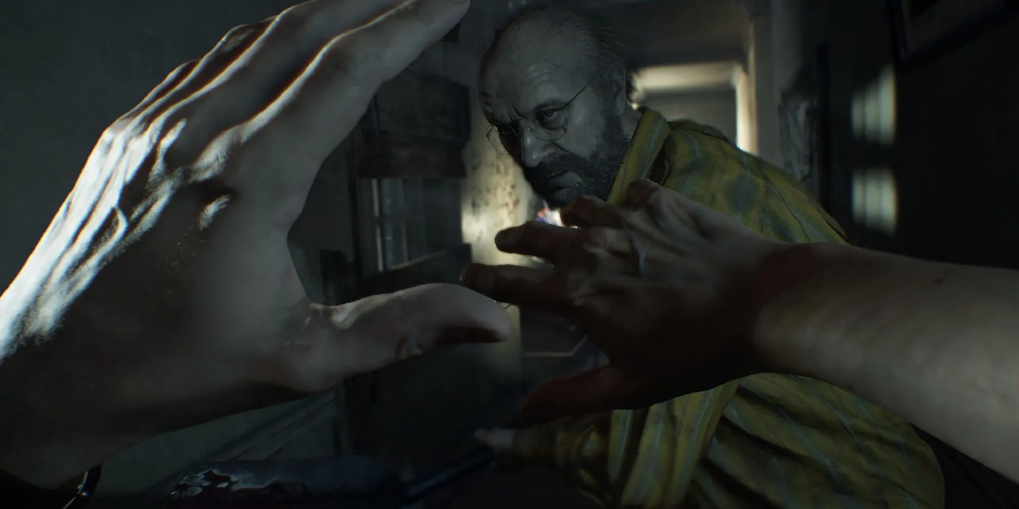 Cảnh quay cận mặt của Ethan Winters, nhân vật chính, trong game Resident Evil 7