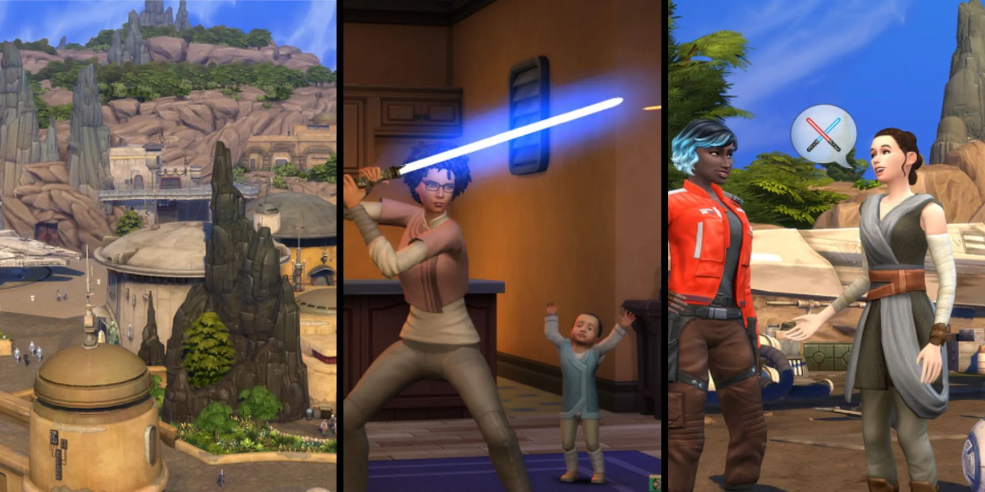Cảnh Sim khám phá hành tinh Batuu trong gói Star Wars: Journey to Batuu của The Sims 4