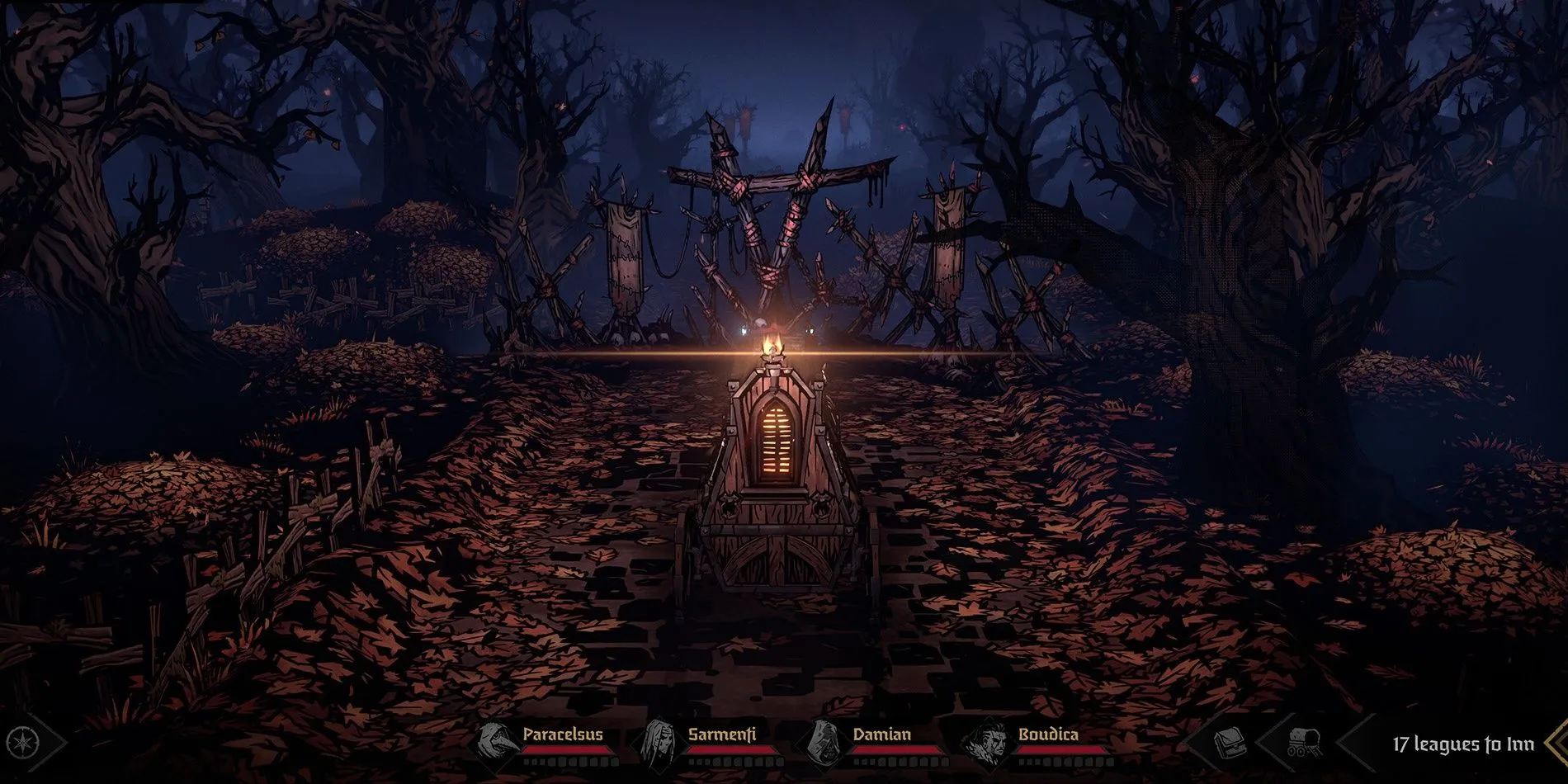 Cảnh xe ngựa di chuyển trong Darkest Dungeon 2