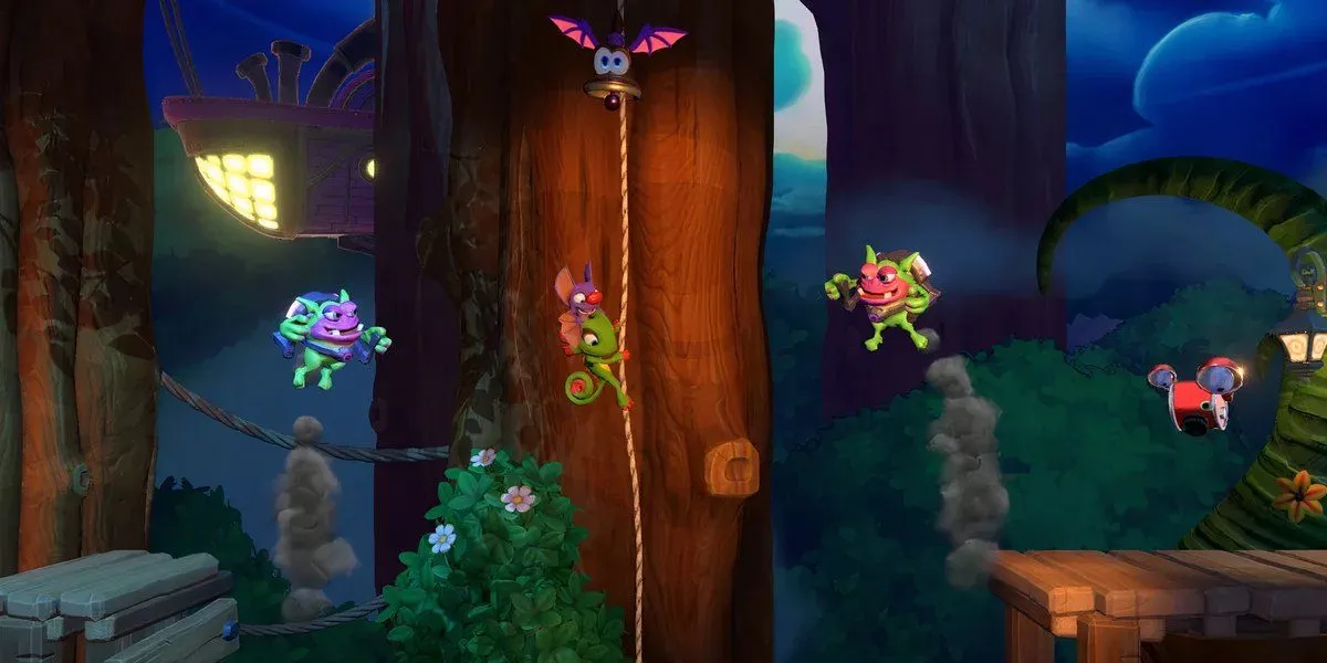 Cặp đôi Yooka (tắc kè hoa) và Laylee (dơi) chạy nhảy trong một màn chơi 2.5D đầy màu sắc của Yooka-Laylee and the Impossible Lair
