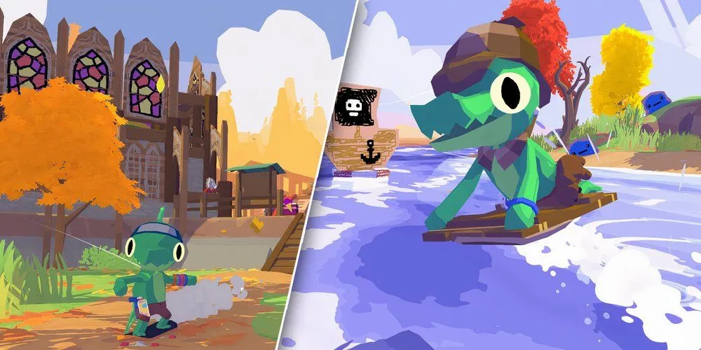 Cậu bé cá sấu thực hiện các hoạt động vui nhộn trong Lil Gator Game, mô tả lối chơi thế giới mở đầy tính trẻ thơ và phiêu lưu nhẹ nhàng.