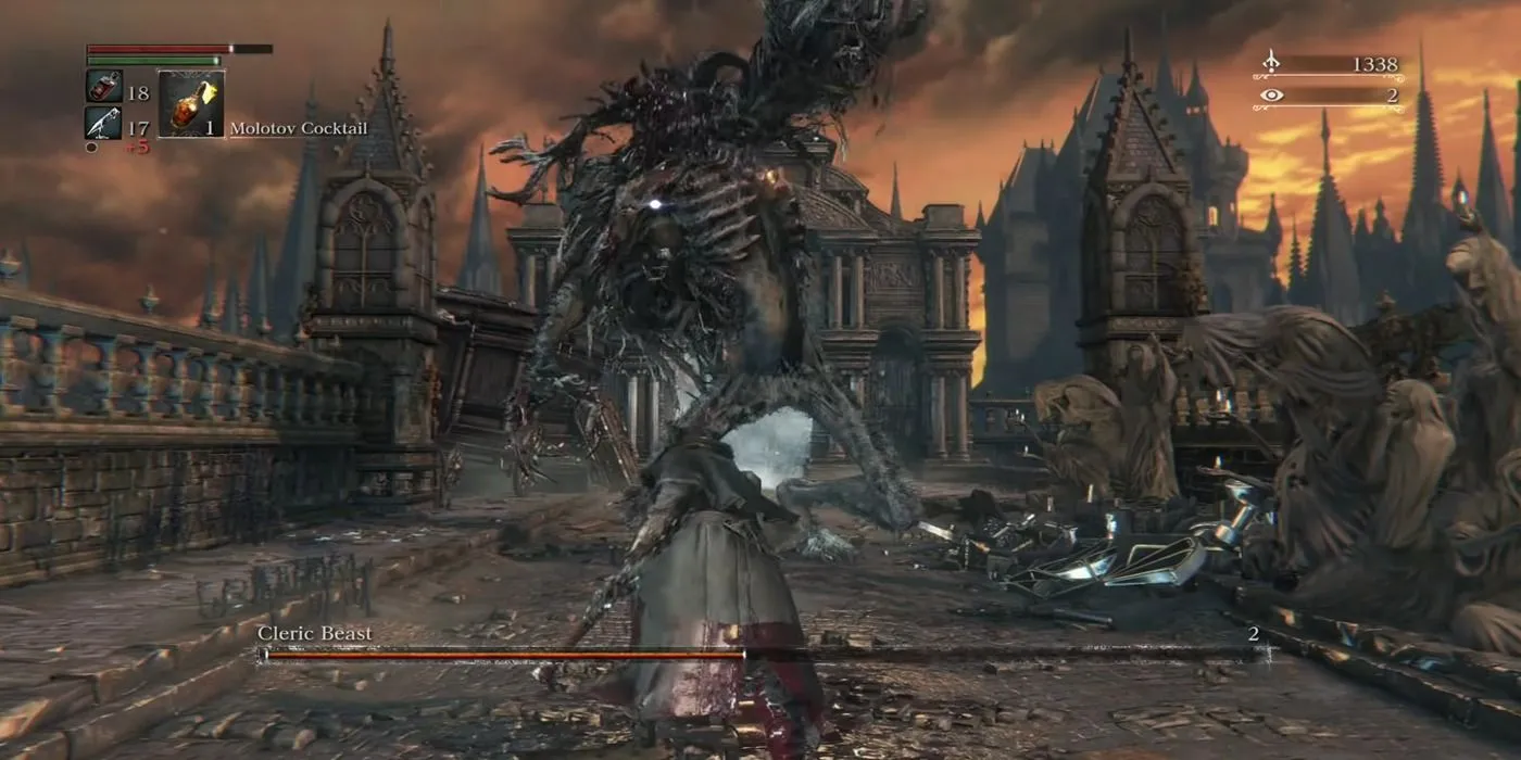 Character fighting the Cleric Beast in Bloodborne