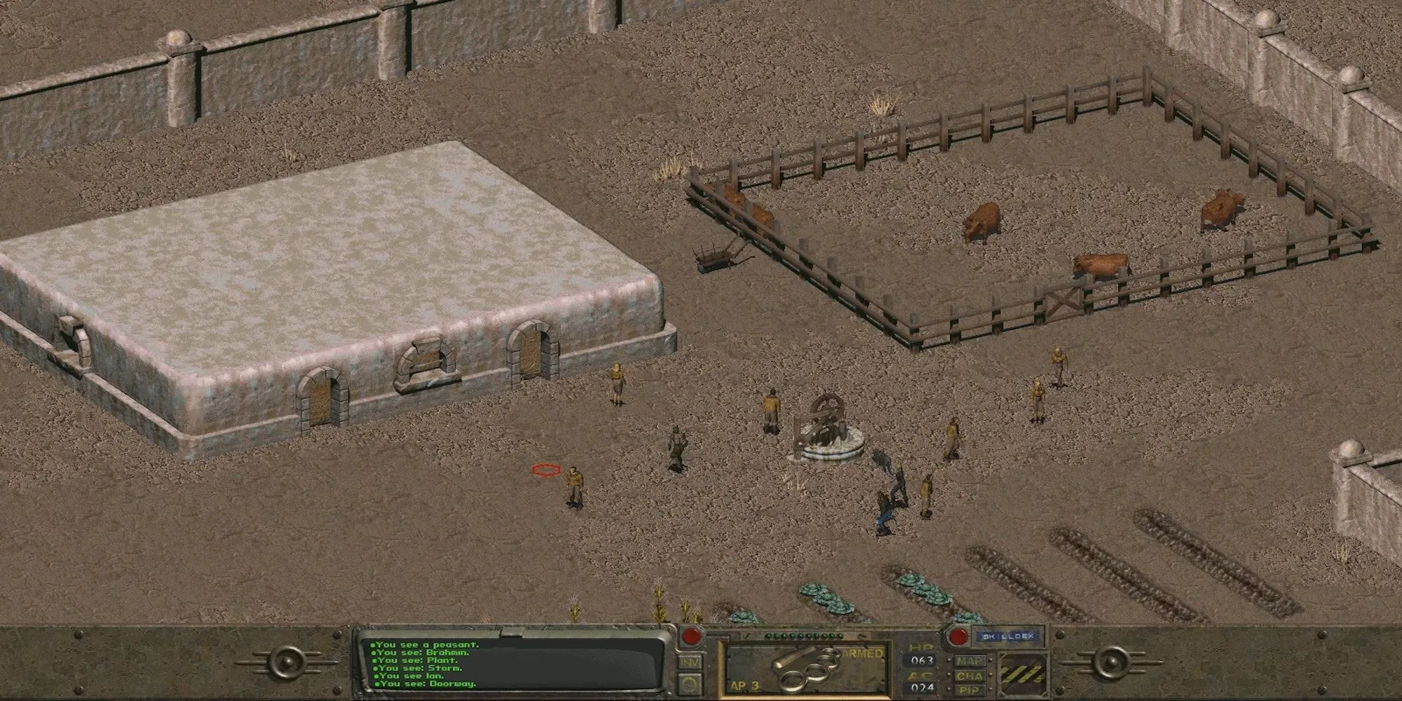 Characters standing in an isolated field (Fallout: A Post Nuclear Role Playing Game)
