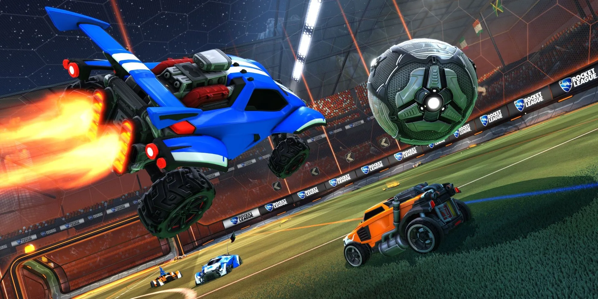 Chiếc xe màu xanh dương trong Rocket League đang rê bóng
