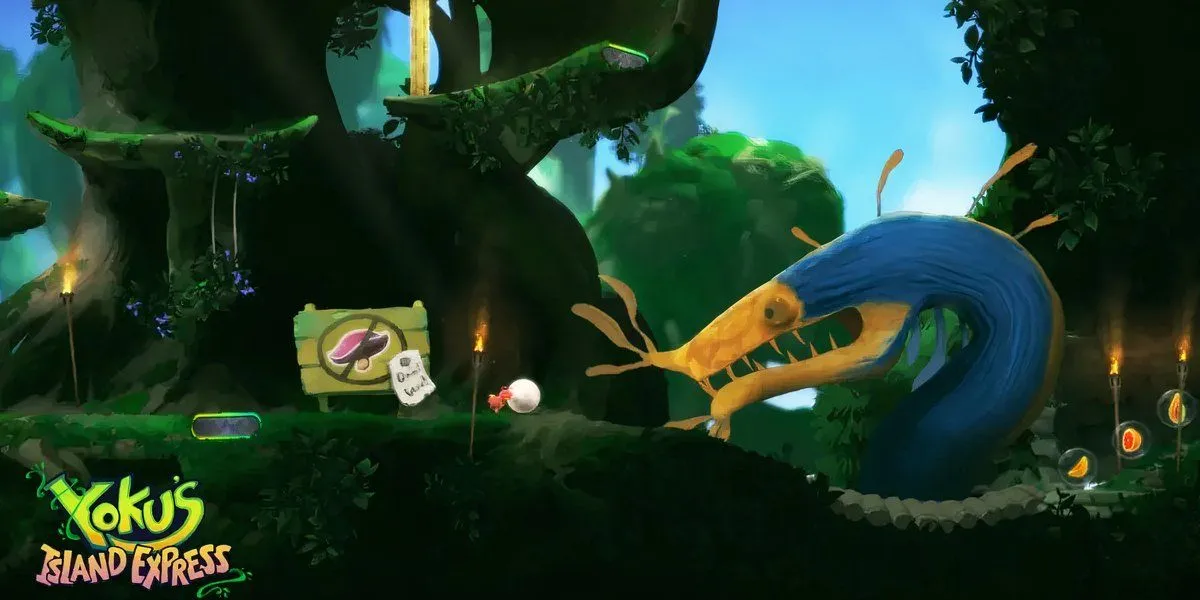 Chú bọ hung Yoku đang đẩy một quả bóng pinball trong thế giới rực rỡ của Yoku's Island Express