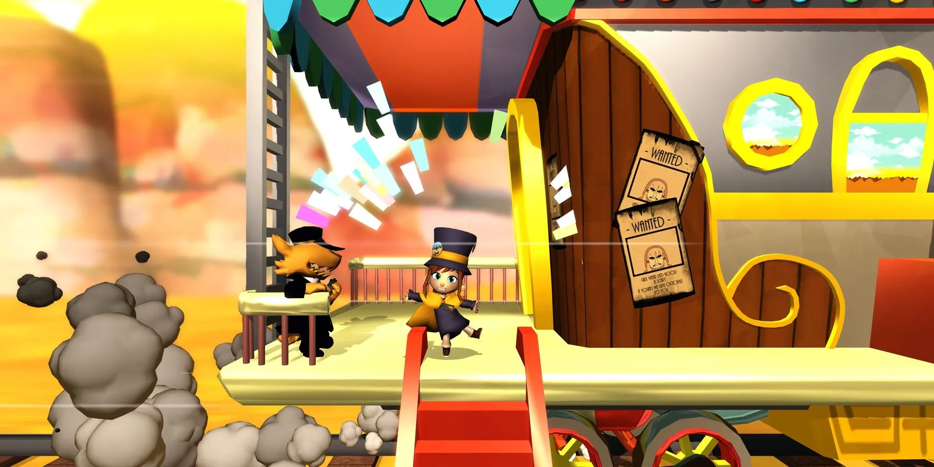 Cô bé Hat Kid đáp xuống trên tàu hỏa Owl Express đầy màu sắc trong A Hat in Time