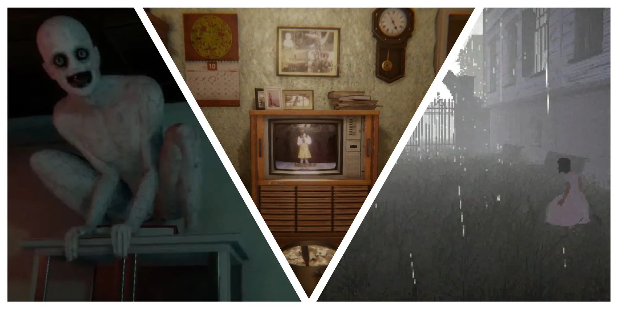 Collage các game kinh dị indie ít được biết đến: The Mortuary Assistant, Devotion và The Glass Staircase.
