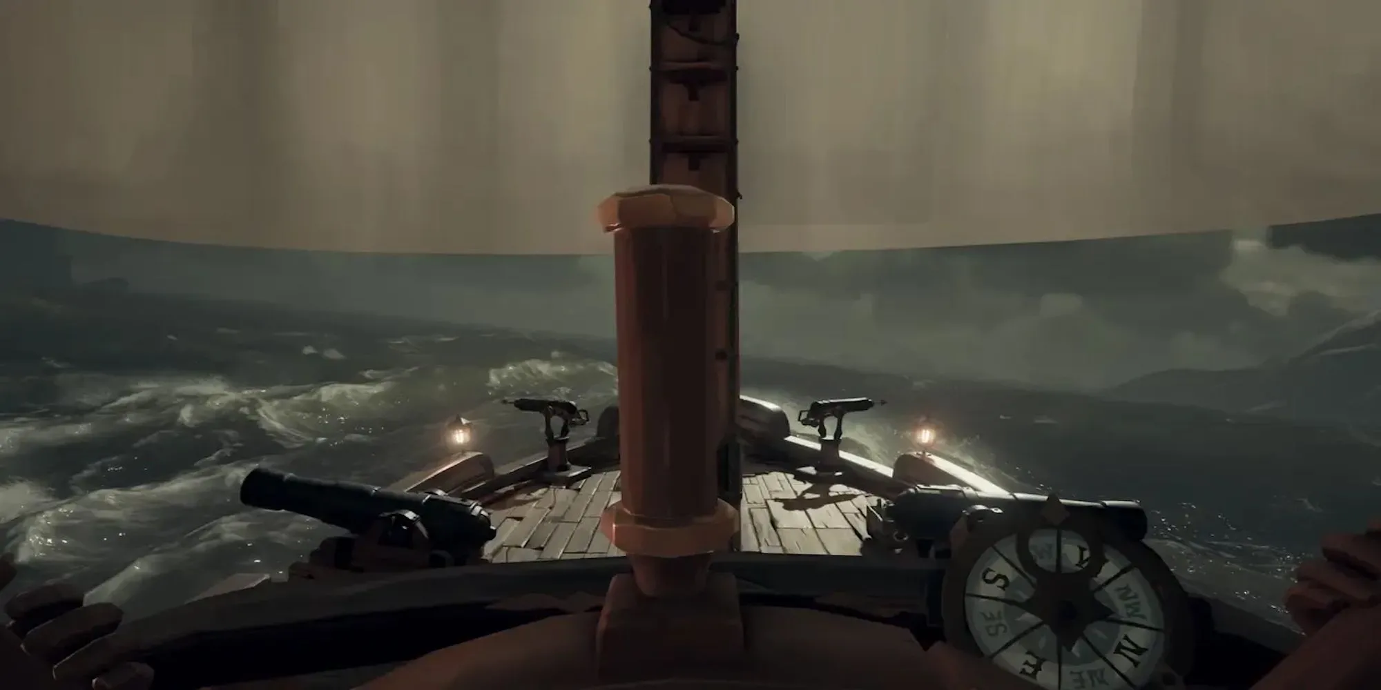 Cơn bão biển dữ dội với mưa và sấm sét trong game cướp biển Sea of Thieves.