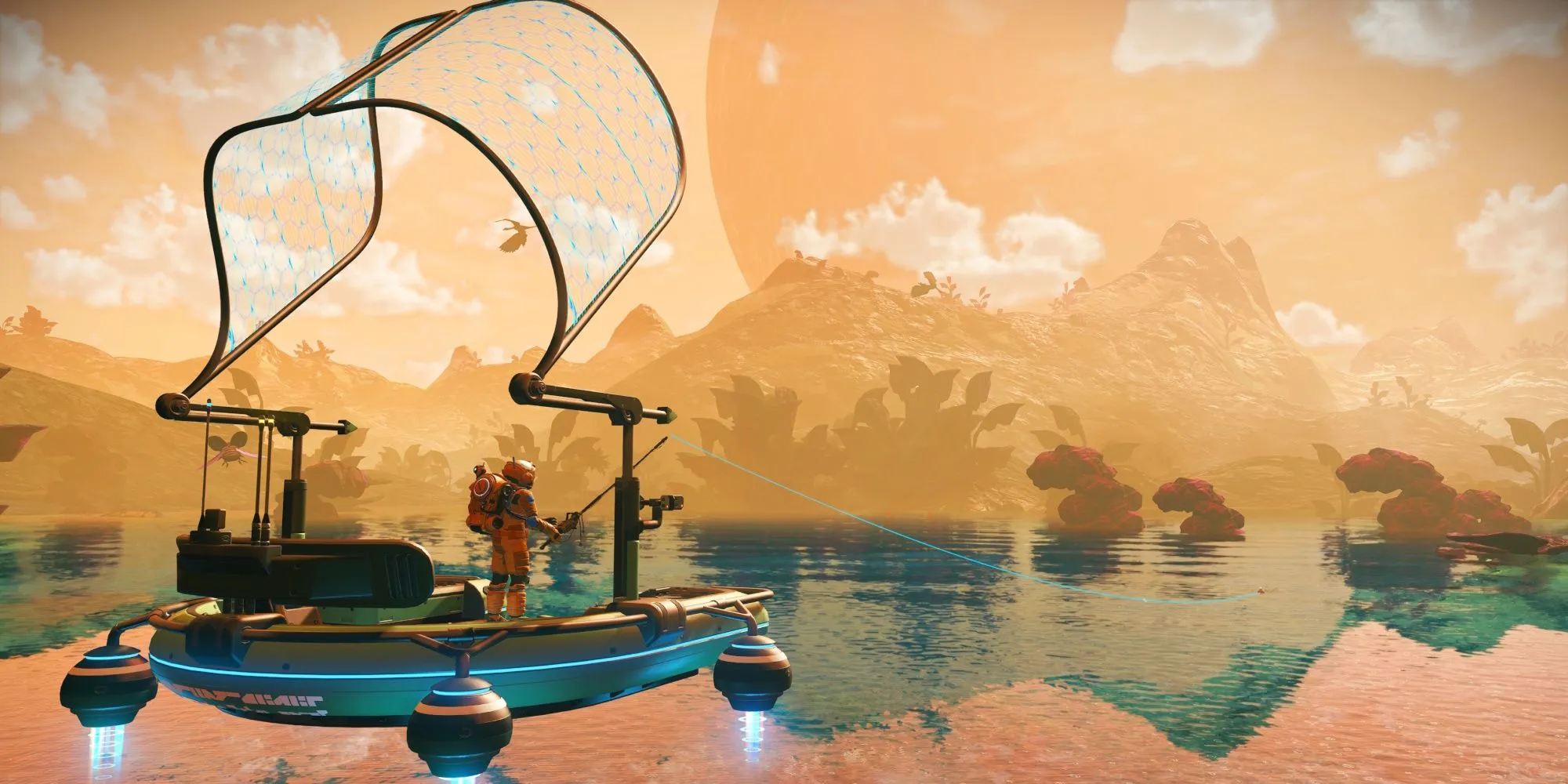 con tàu vũ trụ bay qua một hành tinh đầy màu sắc trong No Man's Sky
