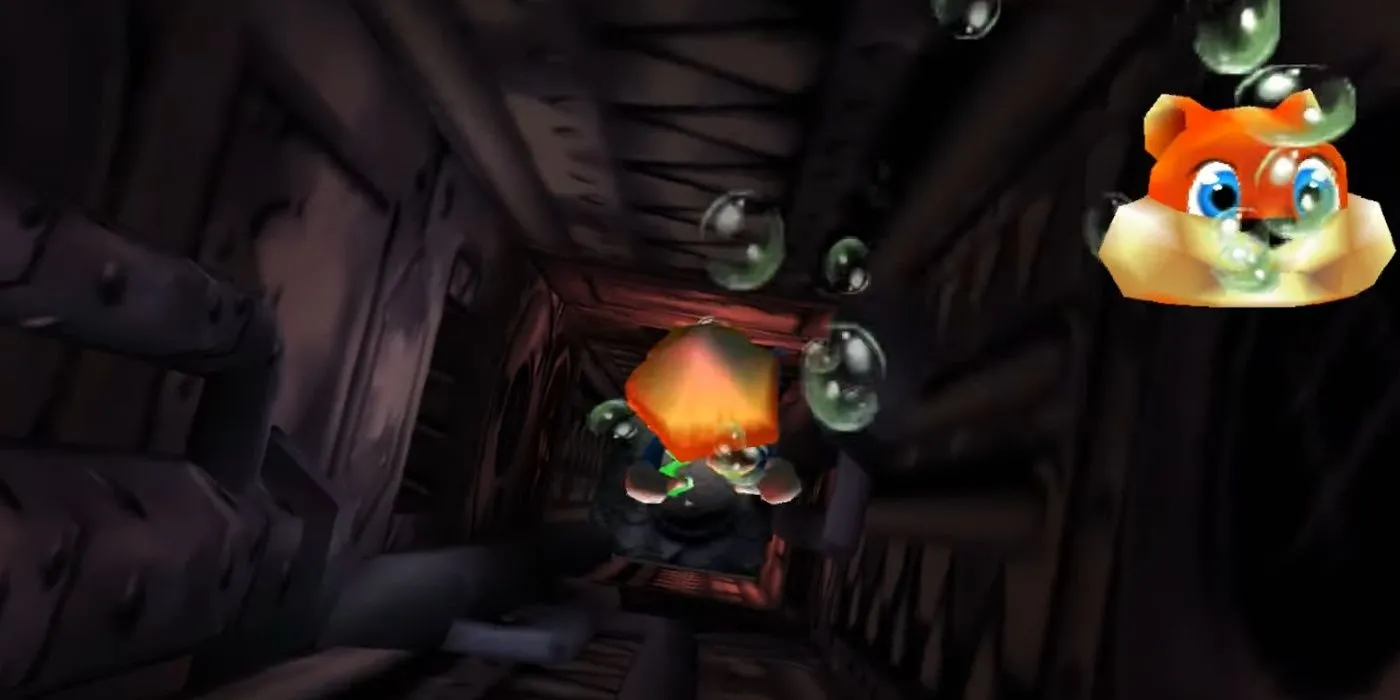 Conker bơi trong màn Bat's Tower của Conker's Bad Fur Day