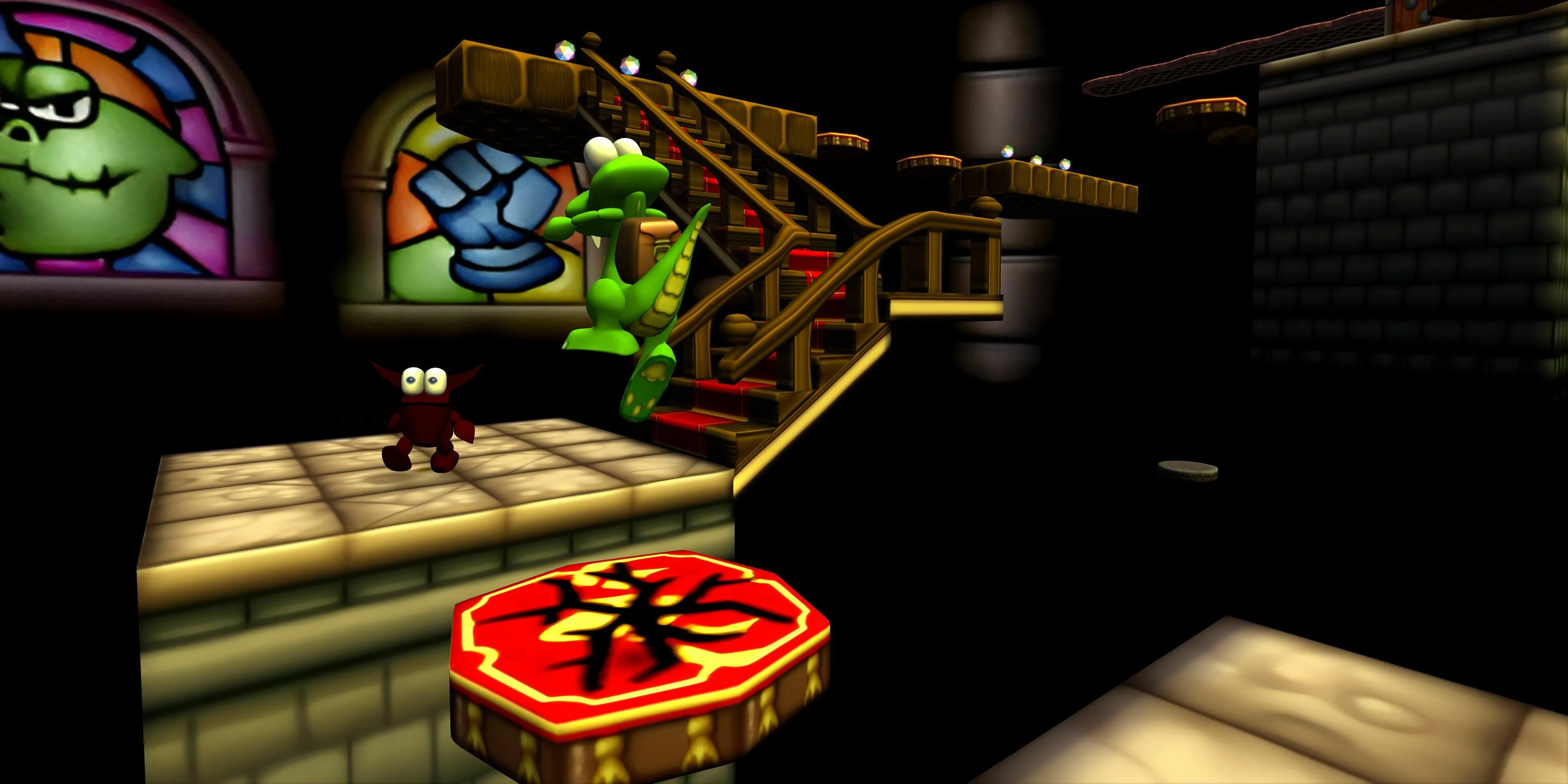 Croc nhảy lên một nền tảng trong Croc remaster, minh họa gameplay platformer 3D đầu tiên
