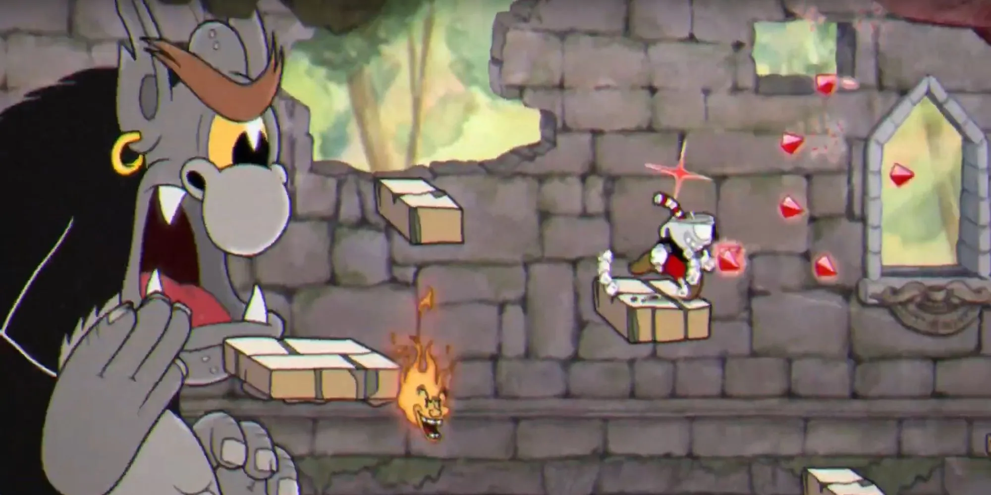 Cuphead và Mugman đang đối đầu với một con trùm trong Cuphead