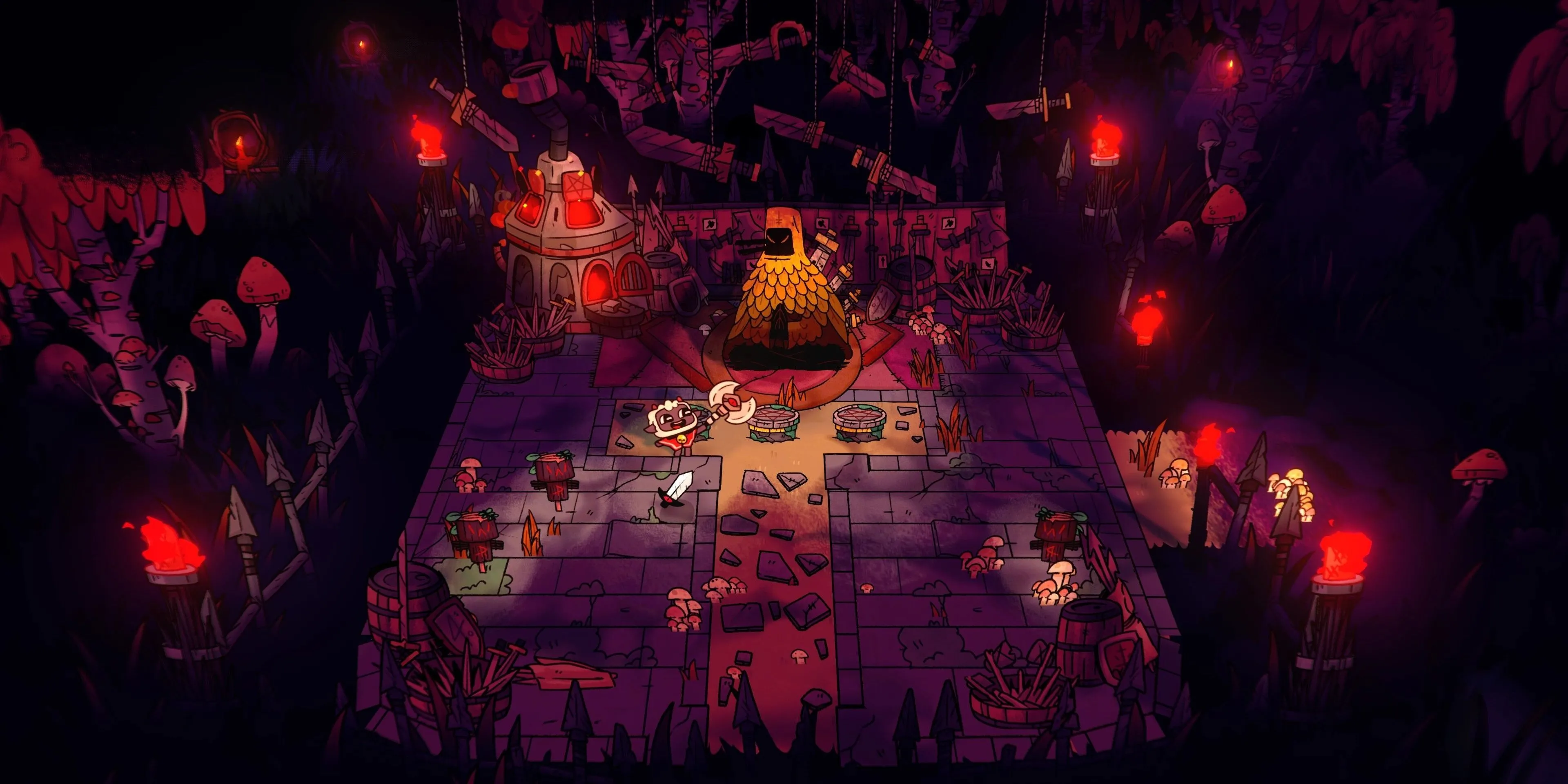 Cừu thủ lĩnh nhận vũ khí mới trong game roguelite xây dựng giáo phái Cult of the Lamb