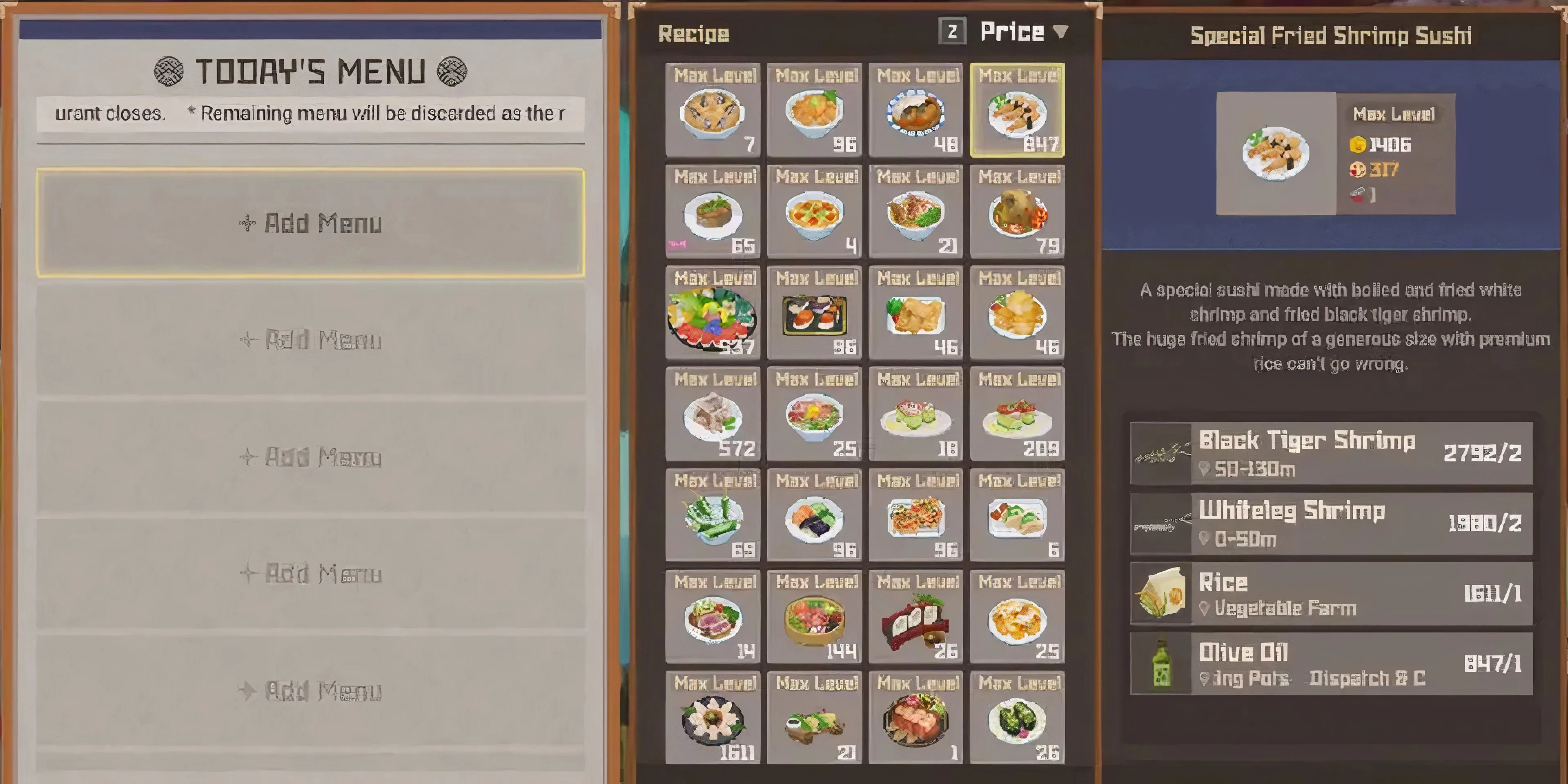 Danh sách các công thức món ăn trong menu nhà hàng của game Dave The Diver
