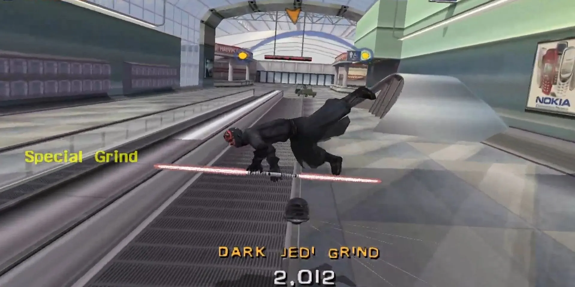 Darth Maul với ván trượt và lưỡi kiếm ánh sáng kép trong Tony Hawk's Pro Skater 3