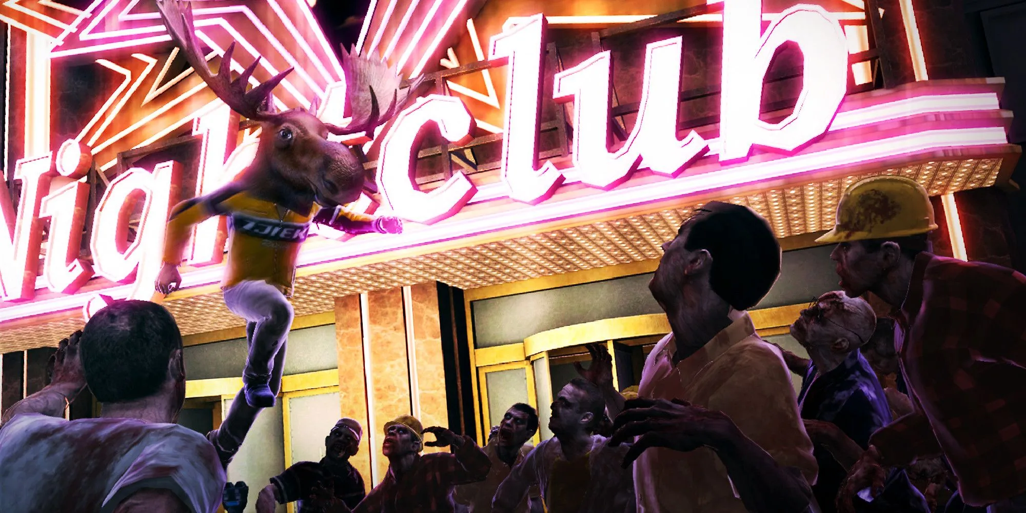 Dead Rising 2 player in moose head jumping over zombies