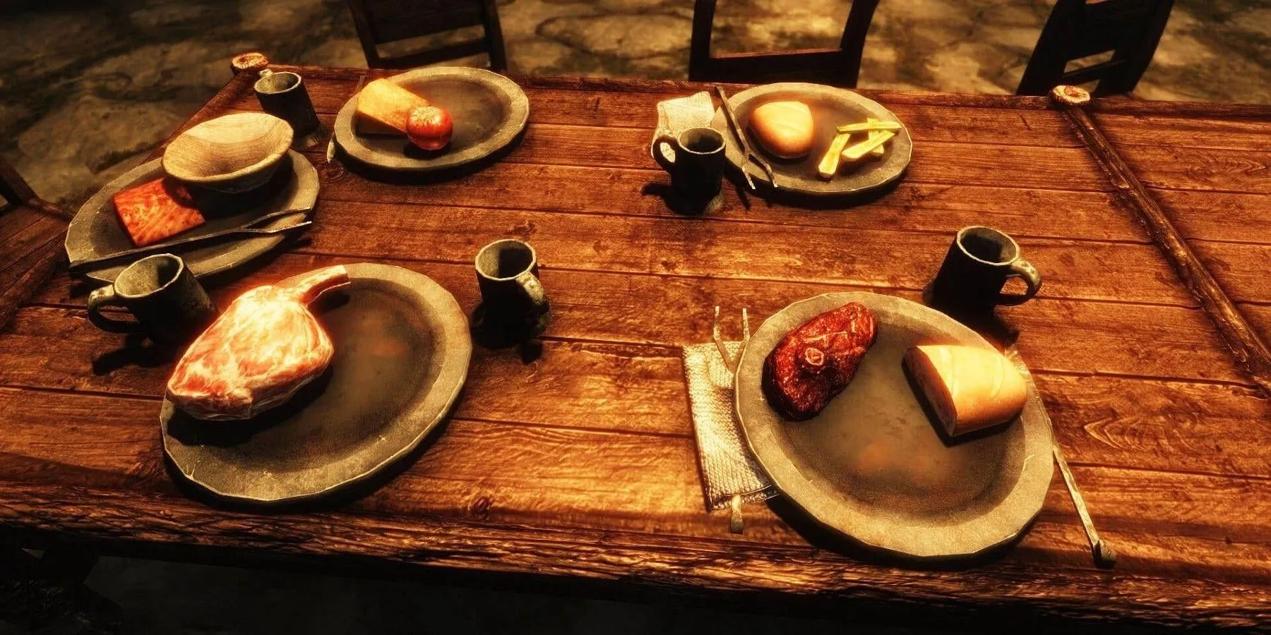 Đồ ăn được bày biện trên bàn trong một quán trọ tại thế giới game The Elder Scrolls V: Skyrim