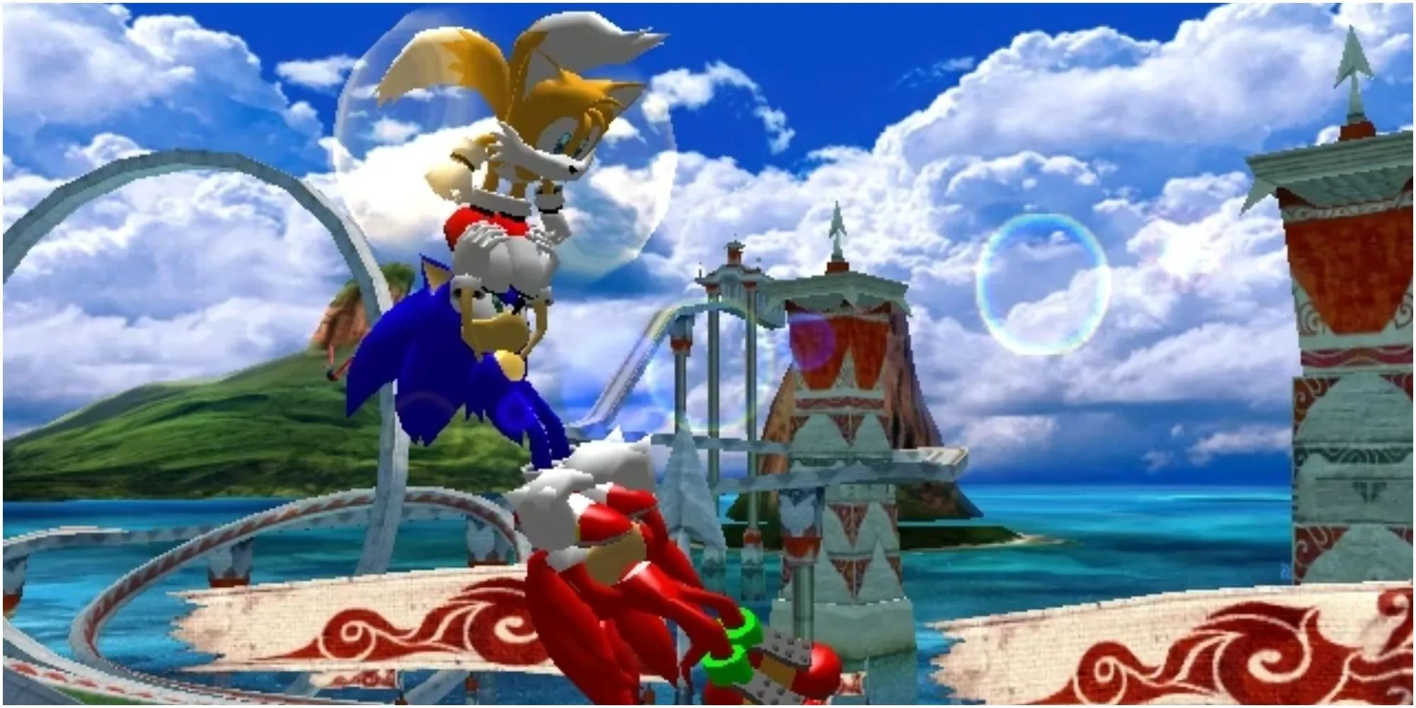 Đội Team Sonic tại Seaside Hill trong game Sonic Heroes, một tựa game đầy &quot;duyên dáng&quot; nhưng không ít lỗi.
