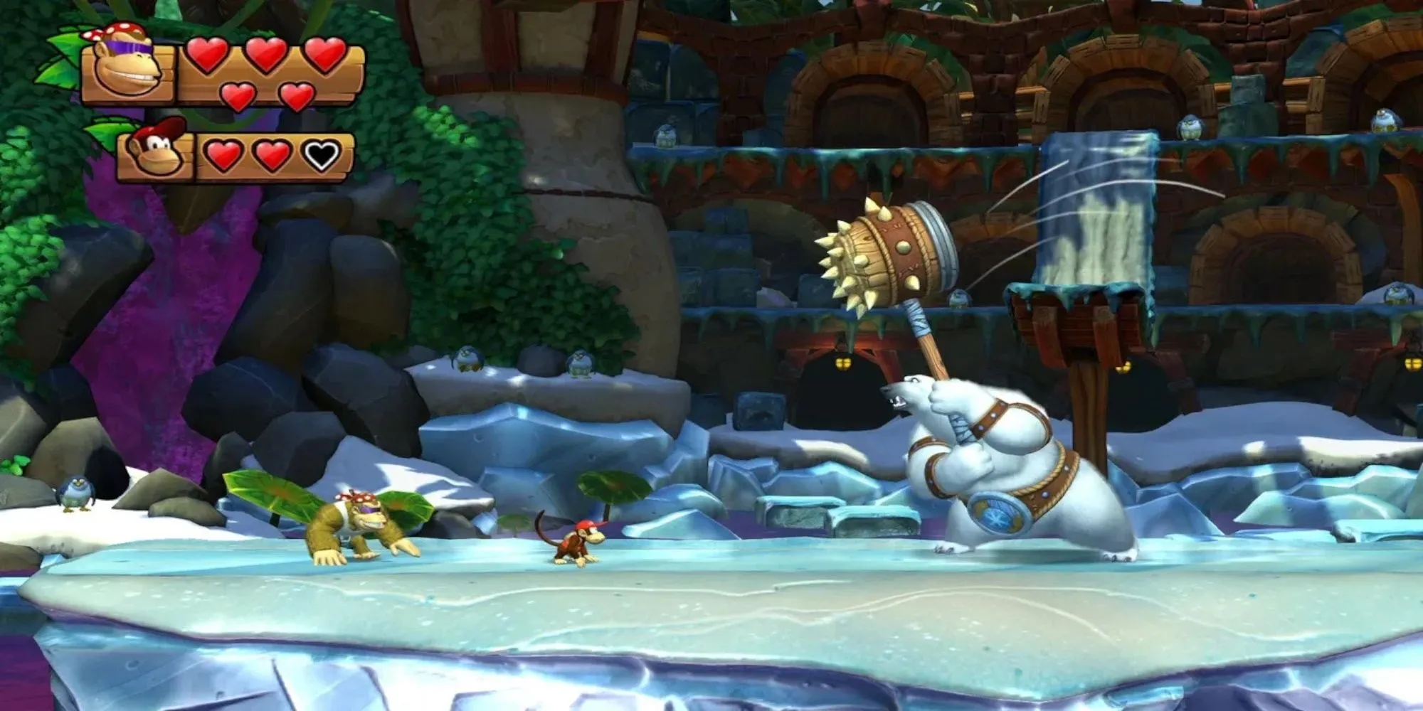 Donkey Kong và Diddy Kong cùng di chuyển trong một màn chơi của Tropical Freeze