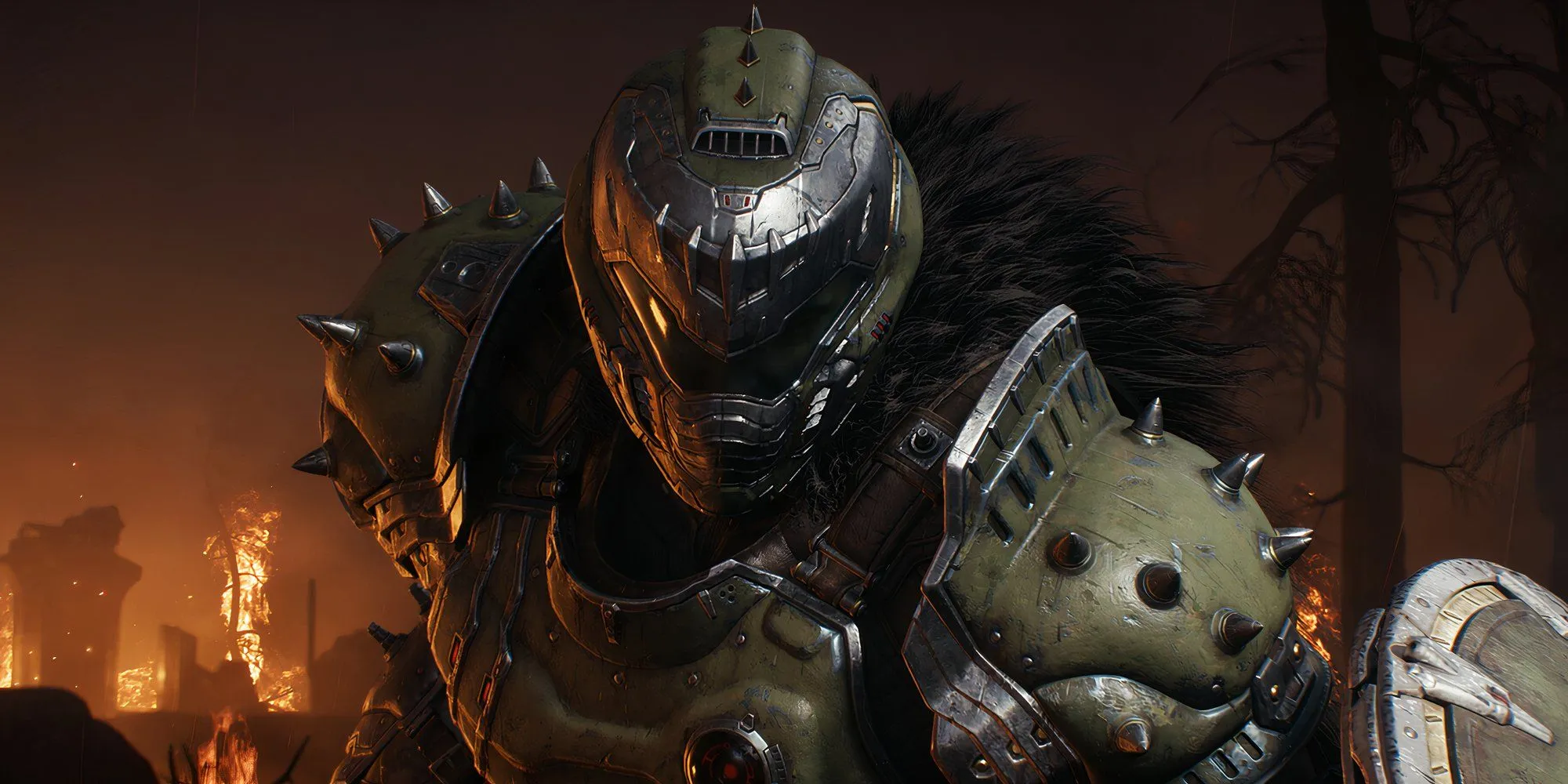 Doomslayer trong bộ giáp với khiên đứng bên ngoài trong DOOM: Dark Ages