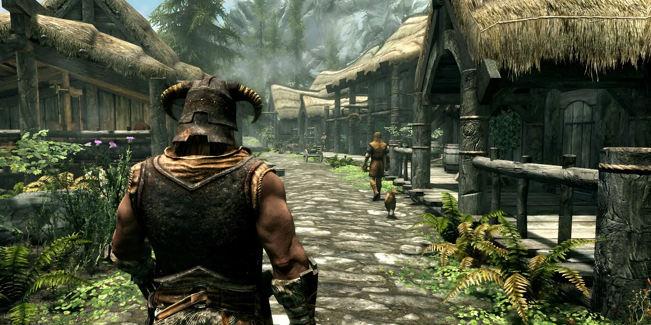 Dragonborn đứng tại Riverwood, biểu tượng của nhân vật chính Skyrim, gợi ý về thử thách khó khăn khi không lên cấp