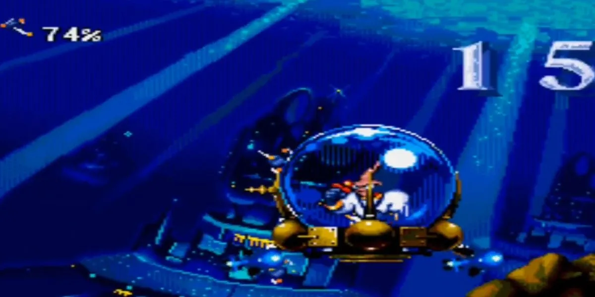 Earthworm Jim trong tàu ngầm ở màn Down The Tubes
