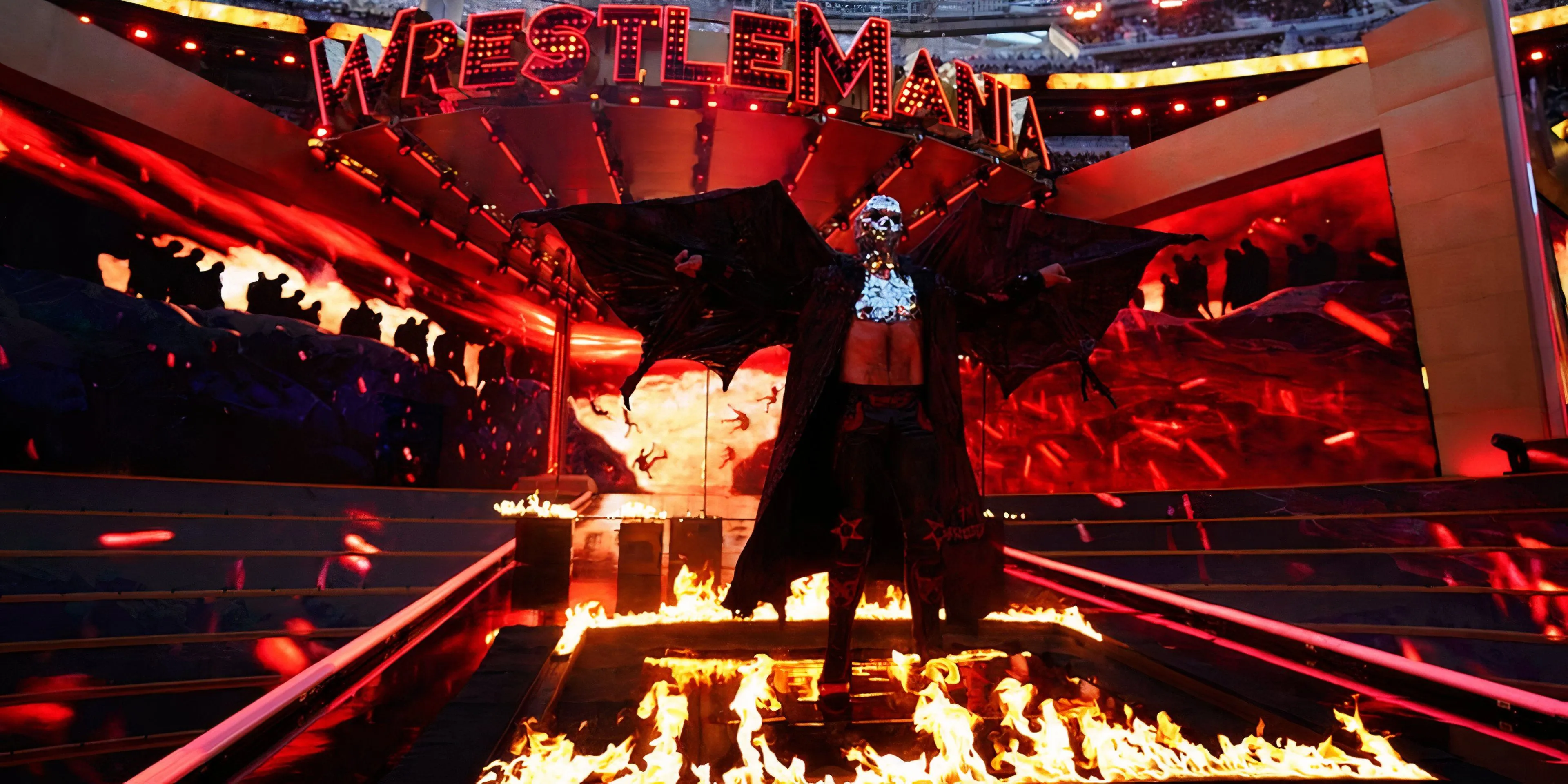 Edge bước ra sân khấu WrestleMania 39 với hiệu ứng ánh sáng và pháo sáng