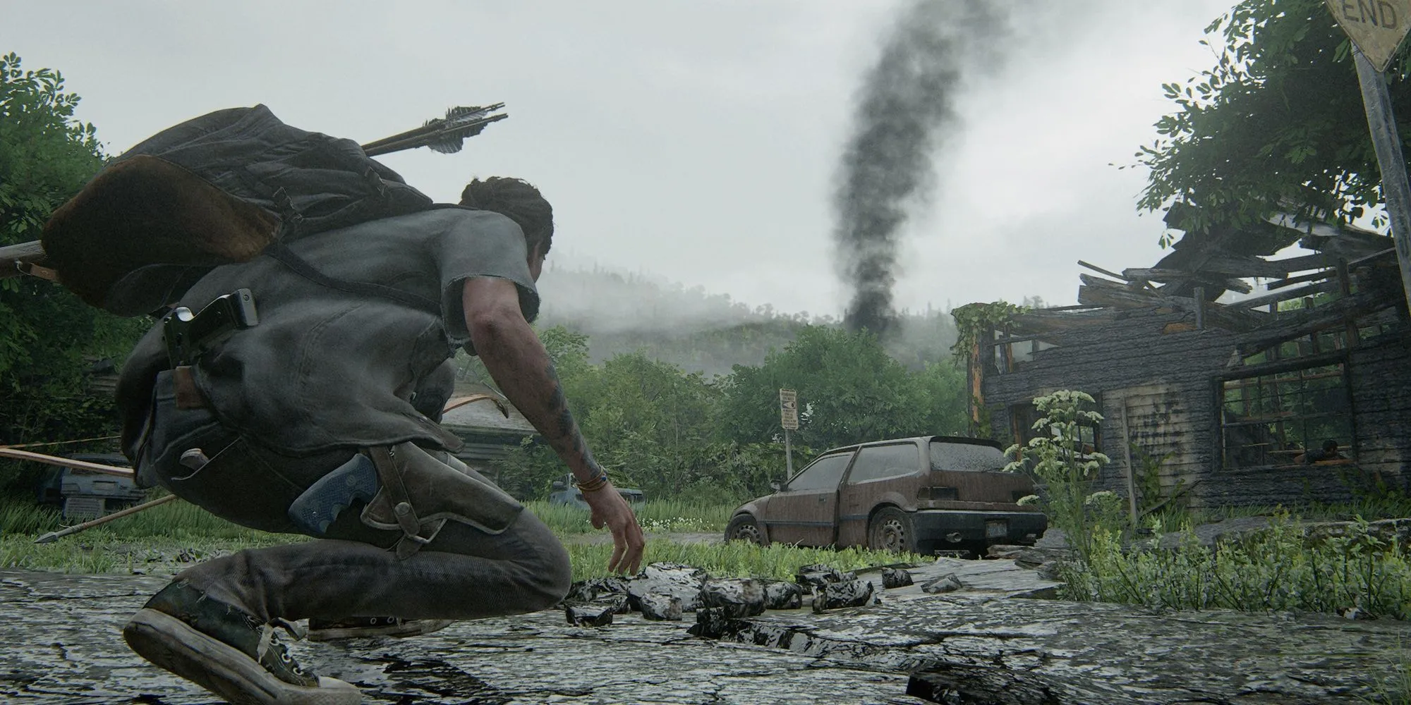 Ellie ẩn nấp trong khu vực Hillcrest đầy rẫy kẻ địch WLF ở The Last of Us Part 2.